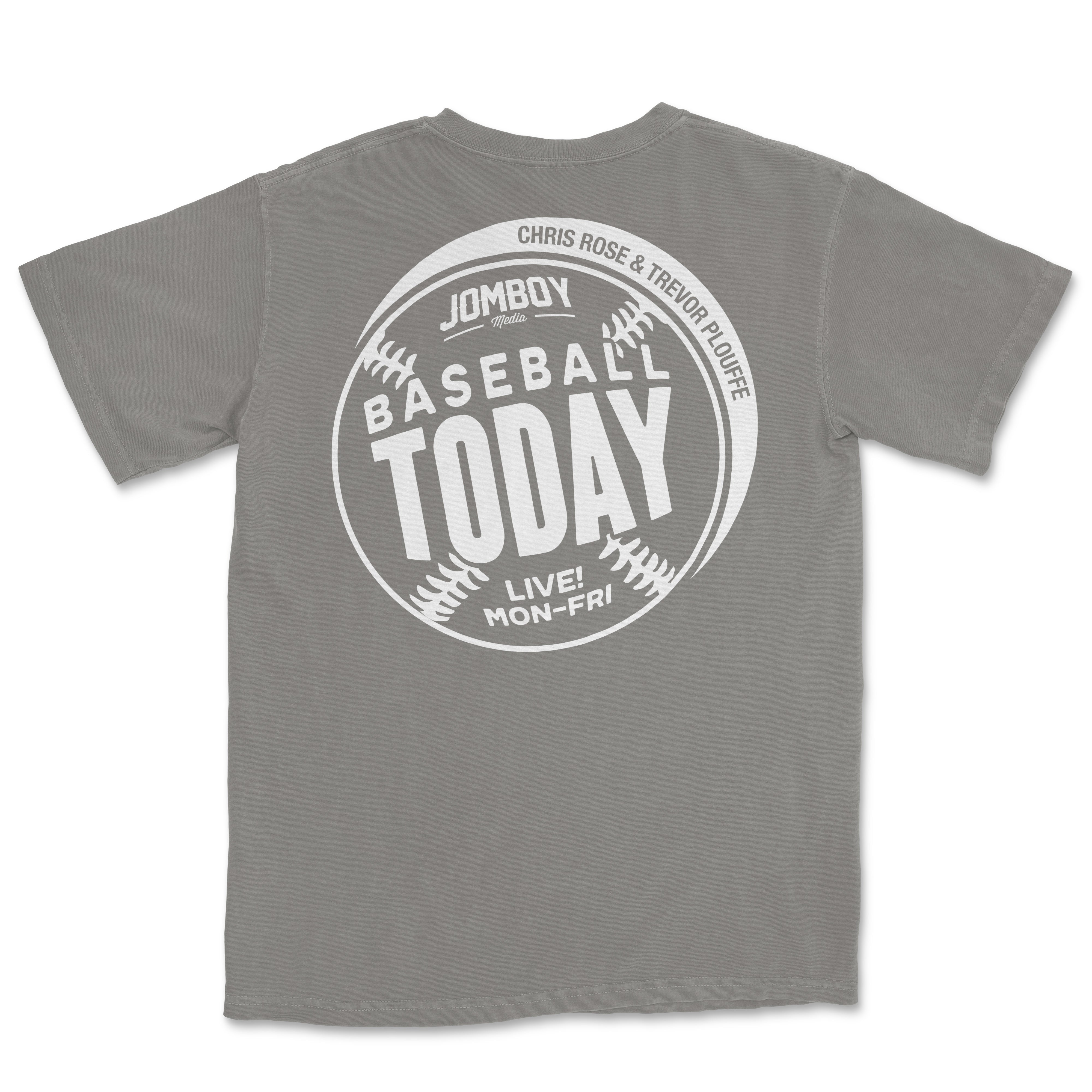 White monochrome vintage Comfort Colors tee featuring a baseball-themed "Today" graphic with event details and team names.