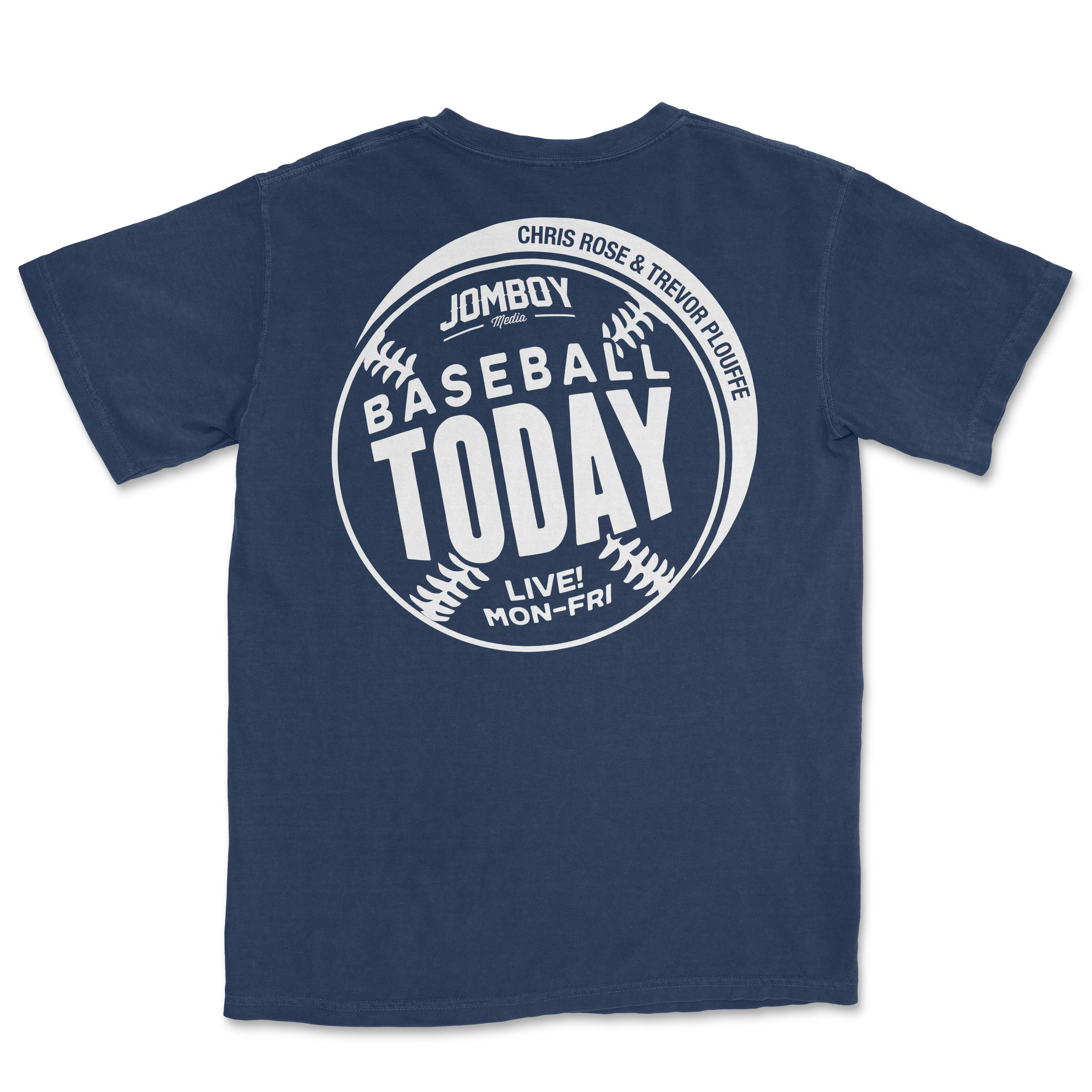 White monochrome vintage Comfort Colors baseball tee featuring "Baseball Today" text, baseball graphics, and event details.