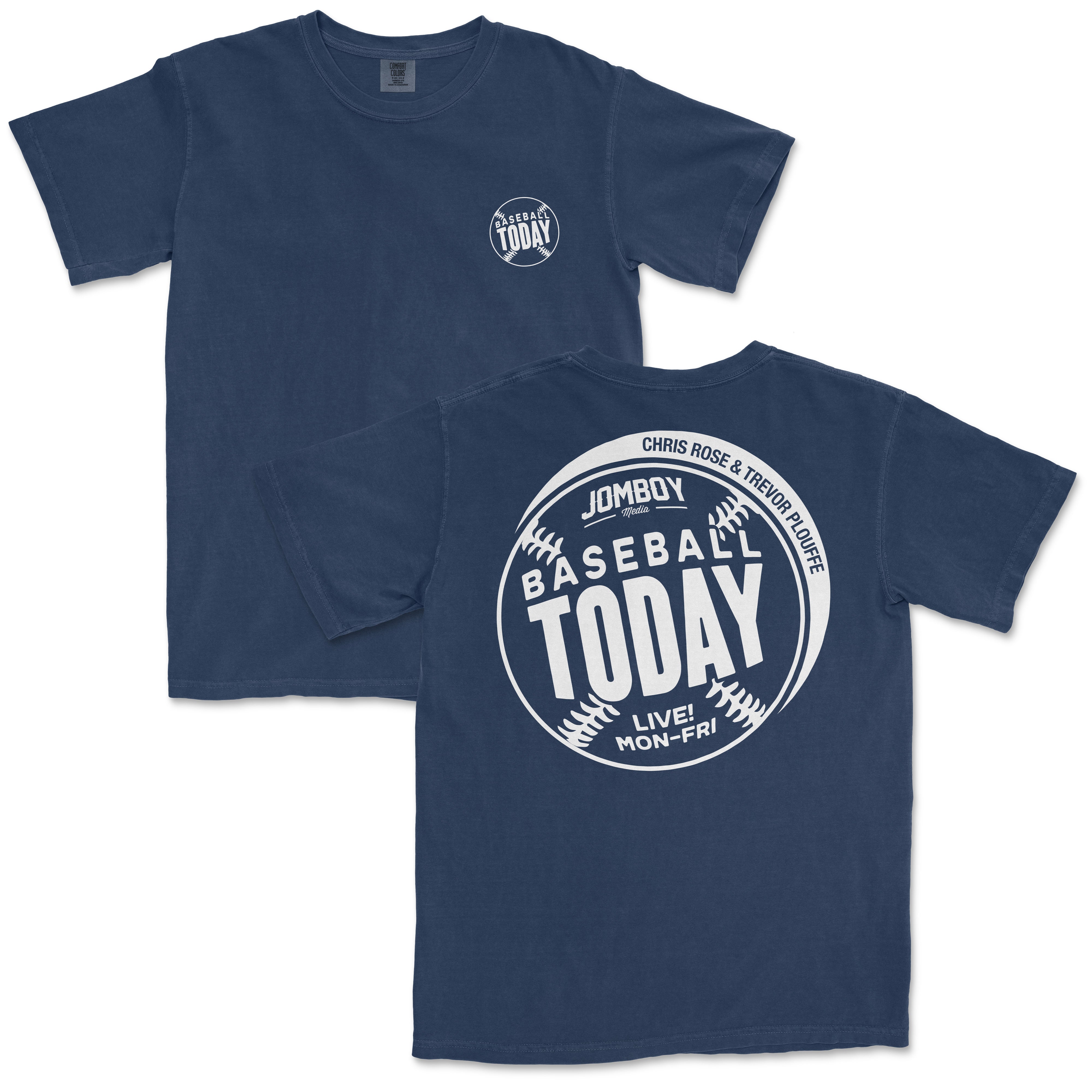 Blue Comfort Colors vintage T-shirt with "Baseball Today" logo on front and back, featuring baseball graphics and event details.