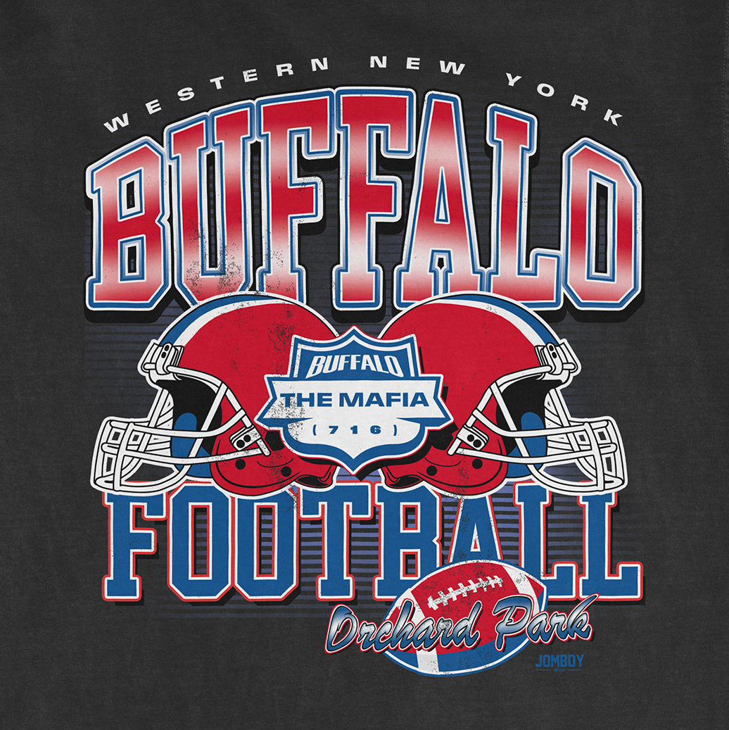 Graphic design featuring "Buffalo Football" with a football helmet, football, and team logo, celebrating Buffalo's football team.