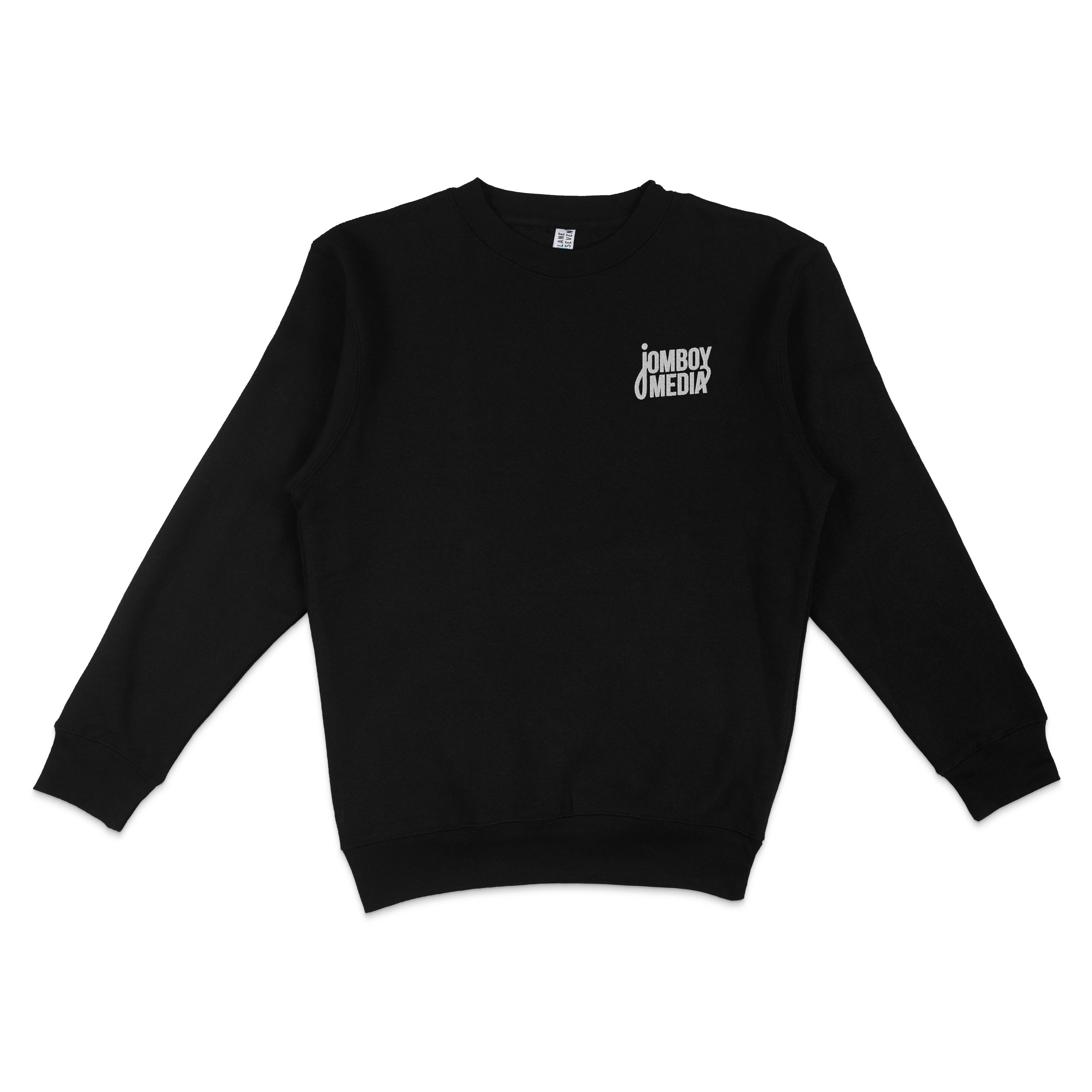 Black crewneck sweatshirt featuring the Jomboy Media logo embroidered on the front. Ideal for sports fans and casual wear.