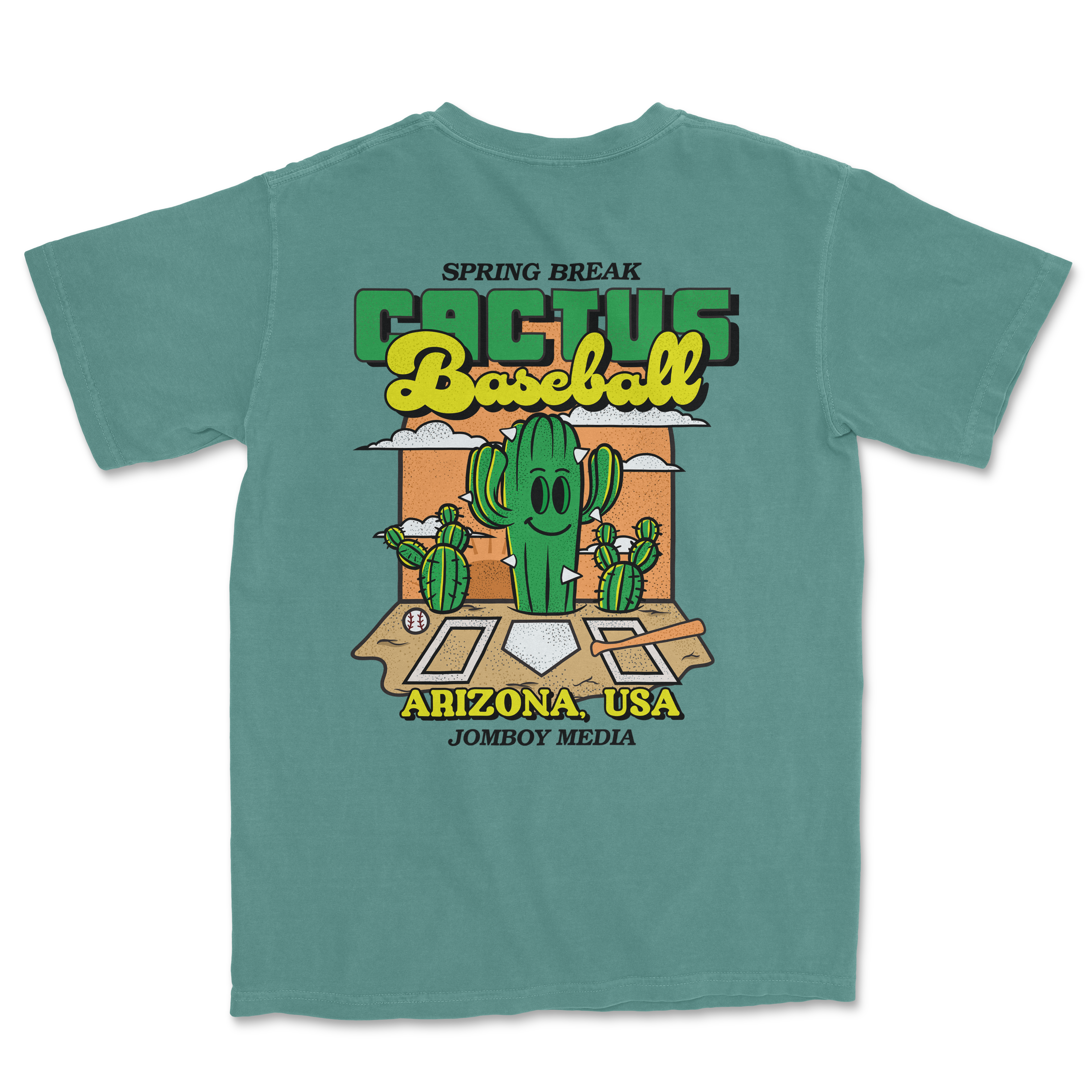 Comfort Colors tee featuring a cactus baseball graphic with a smiling cactus, desert scene, and text "Cactus Baseball" and "Arizona, USA.