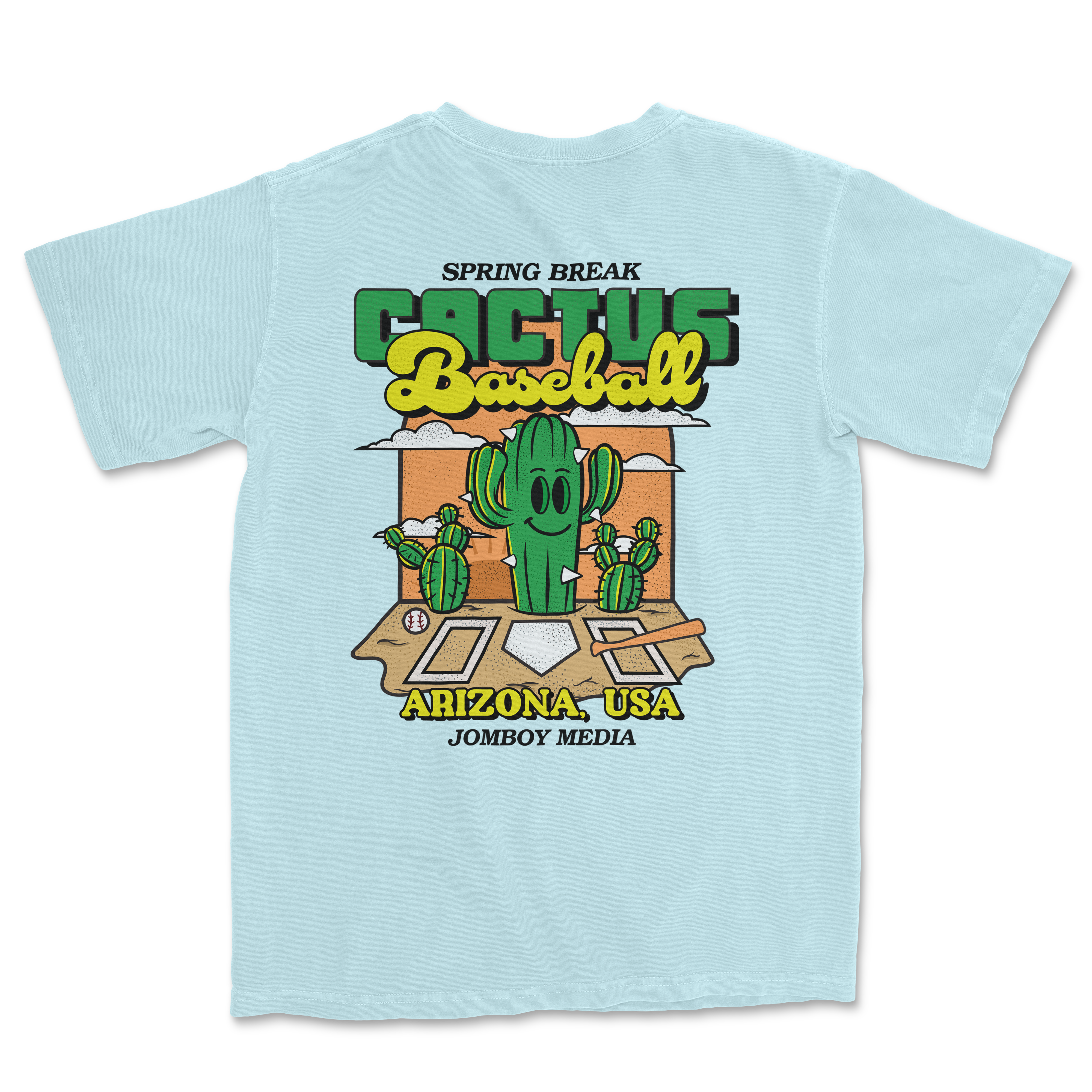 Light blue Comfort Colors T-shirt featuring a colorful cactus baseball graphic with a smiling cactus, desert scene, and "Arizona, USA" text.