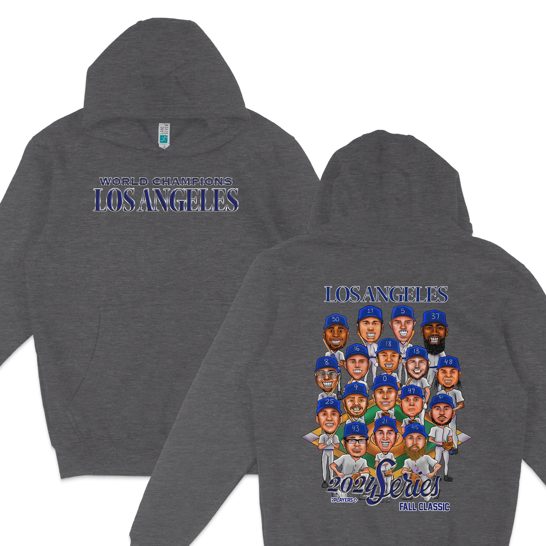 Gray hoodie featuring a "Los Angeles" baseball team graphic with cartoon players and "2021 Series Fall Classic" text.