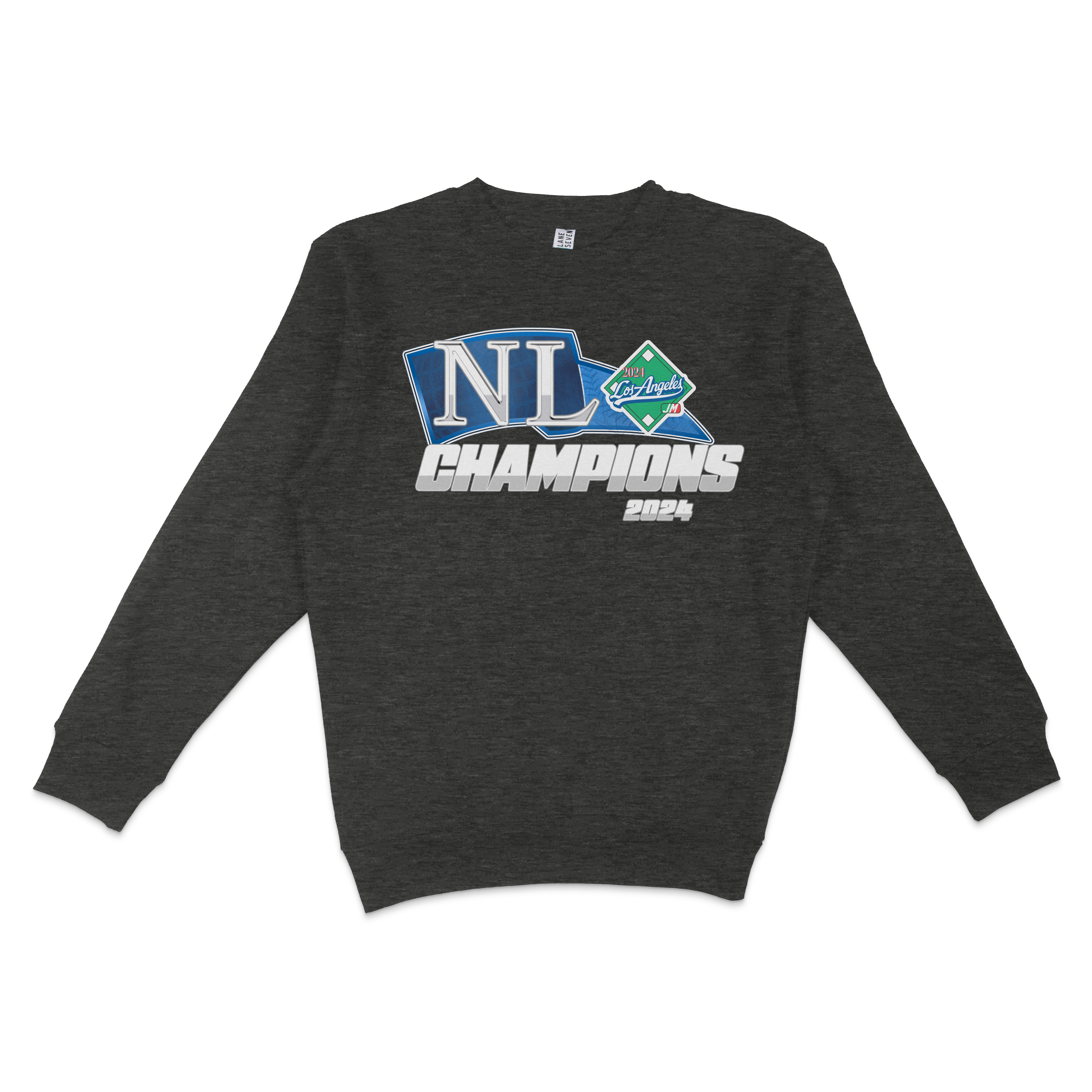 Dark gray crewneck sweatshirt with "NL CHAMPS 2024" and Los Angeles logo printed on the front in blue, white, green, and gray.