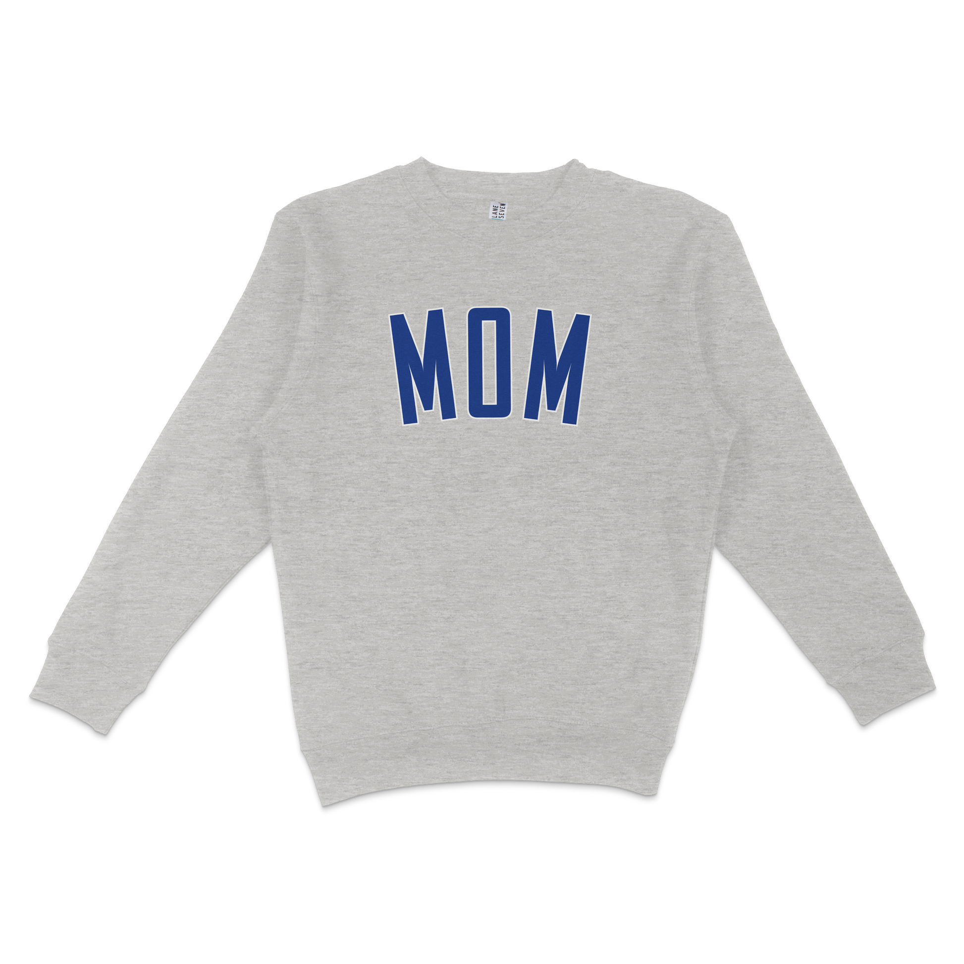 Gray crewneck sweatshirt with "MOM" in bold blue letters on the front, designed for Chicago baseball moms.