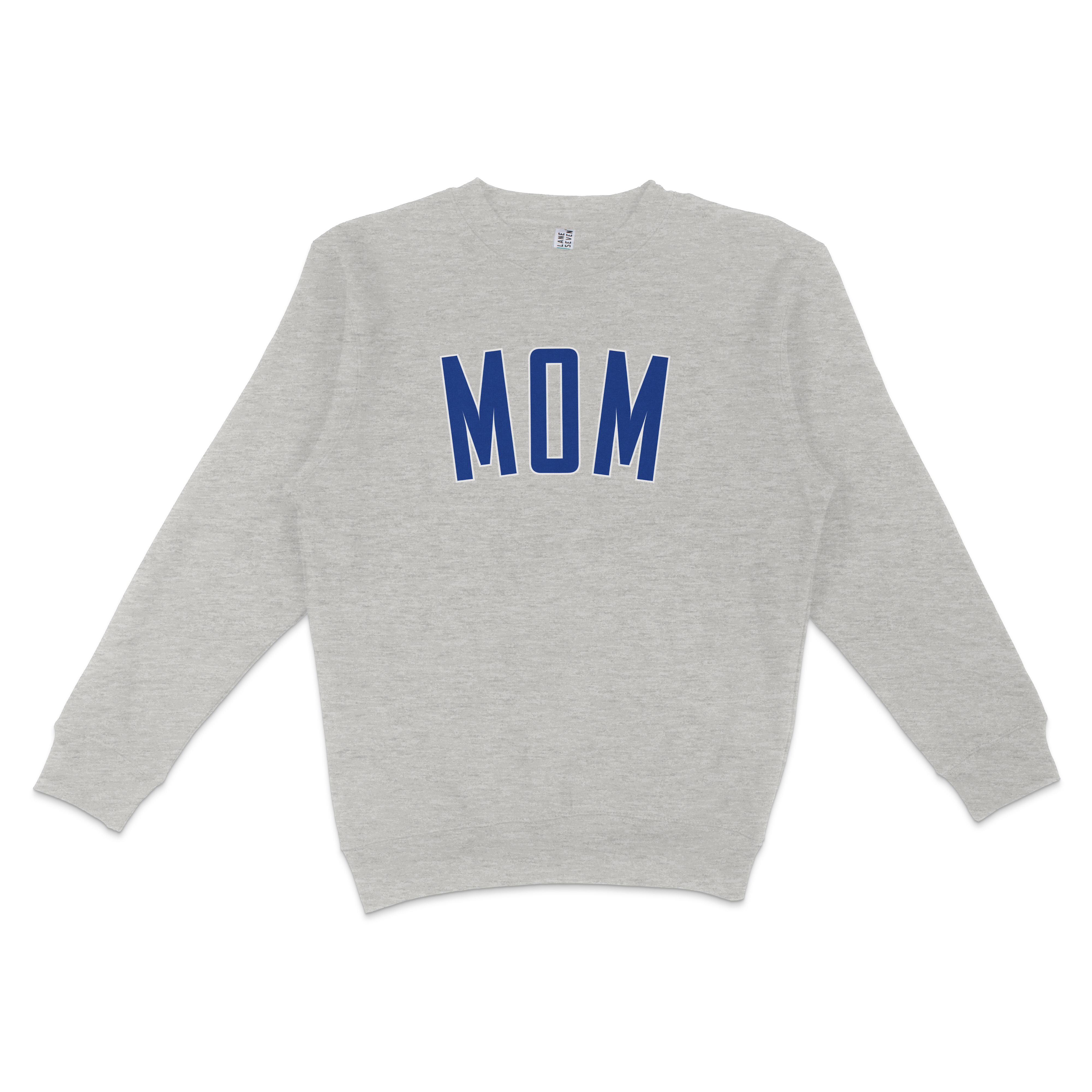 Gray crewneck sweatshirt with "MOM" in bold blue letters on the front, designed for Chicago baseball moms.