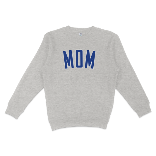 Gray crewneck sweatshirt with "MOM" in bold blue letters on the front, designed for Chicago baseball moms.