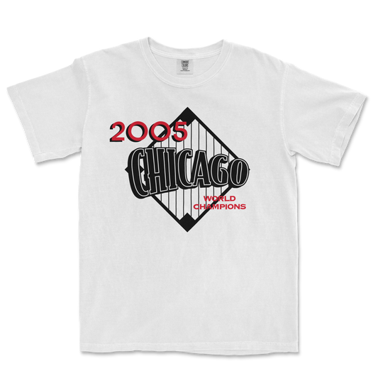 White Comfort Colors T-shirt featuring a Chicago 2005 World Champions graphic with black, red, and gray design elements.
