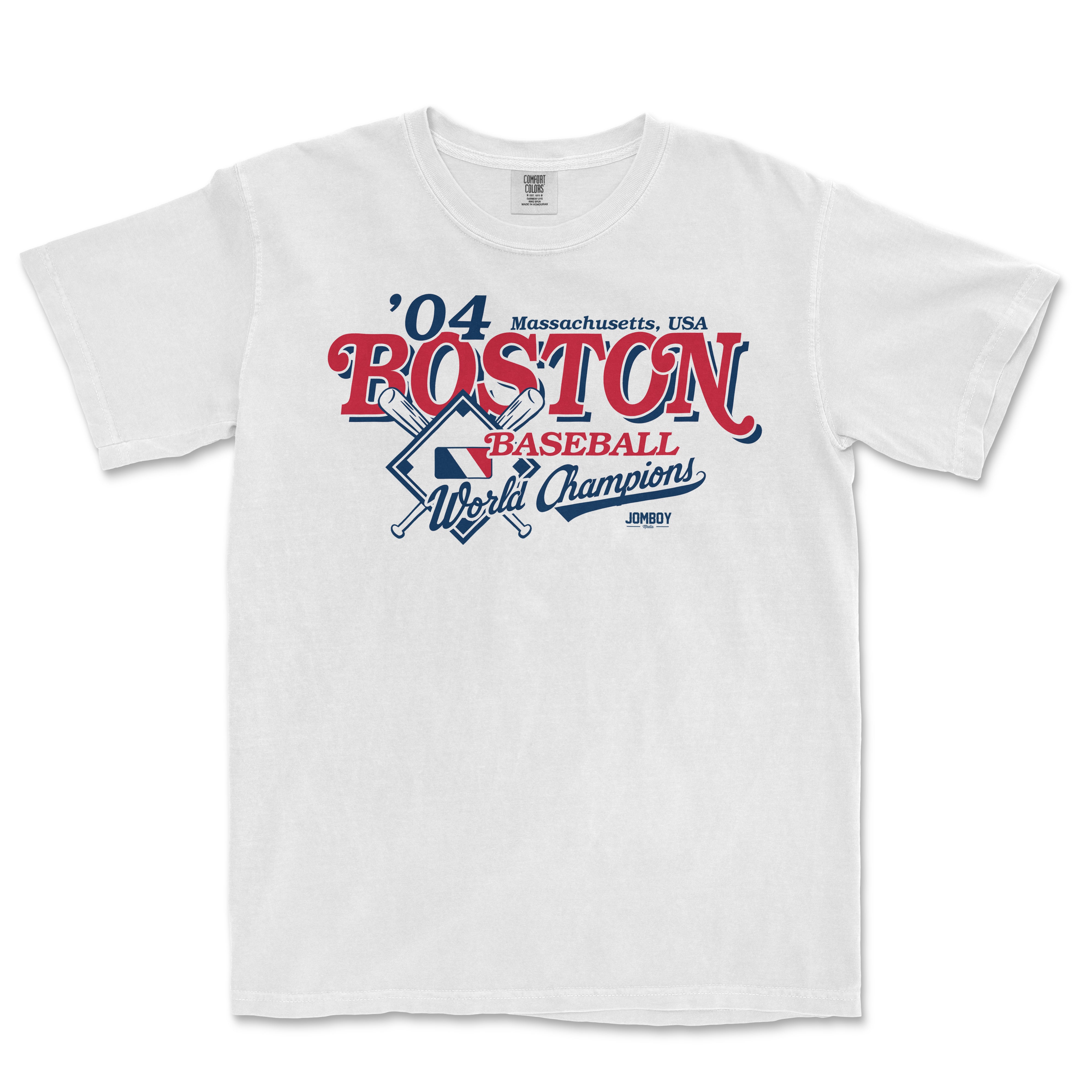 White Comfort Colors T-shirt featuring vintage Boston 2004 World Series Champions baseball graphic with crossed bats and text.