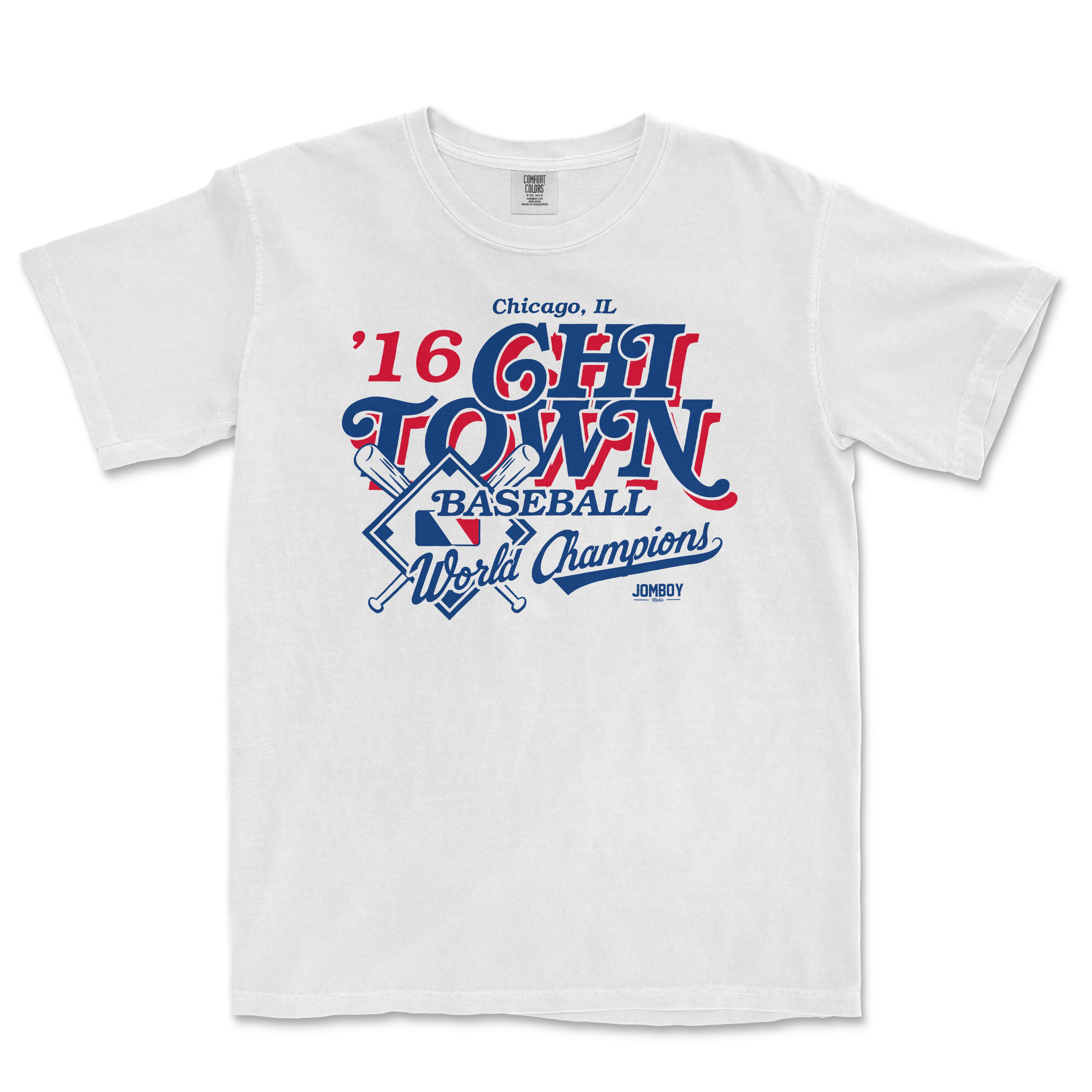 White Comfort Colors T-shirt featuring a vintage Chicago, IL baseball team design with "City of Champions" and crossed bats.