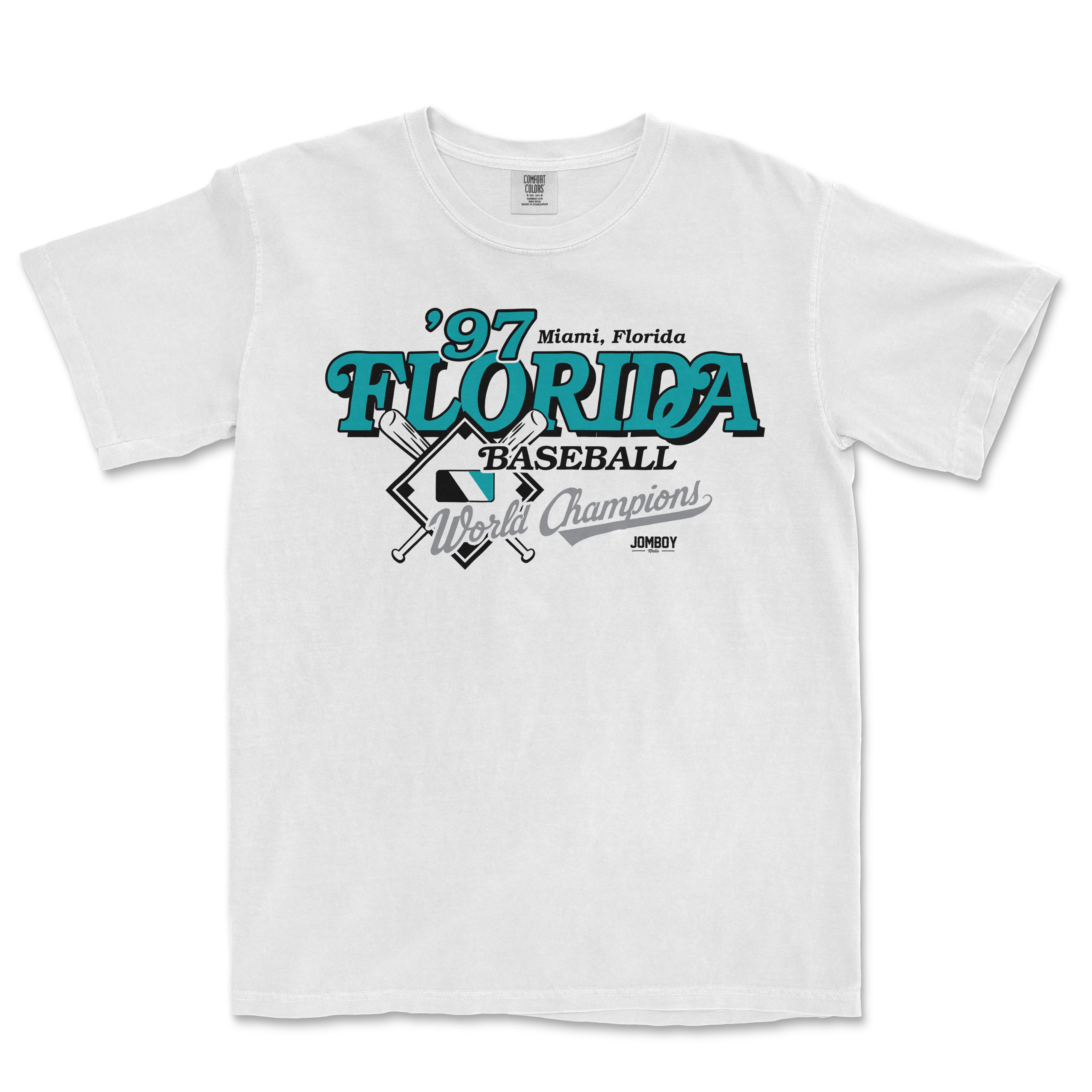 White Comfort Colors tee featuring vintage-style "Florida 97 Baseball World Champions" graphic with crossed bats and a diamond design.