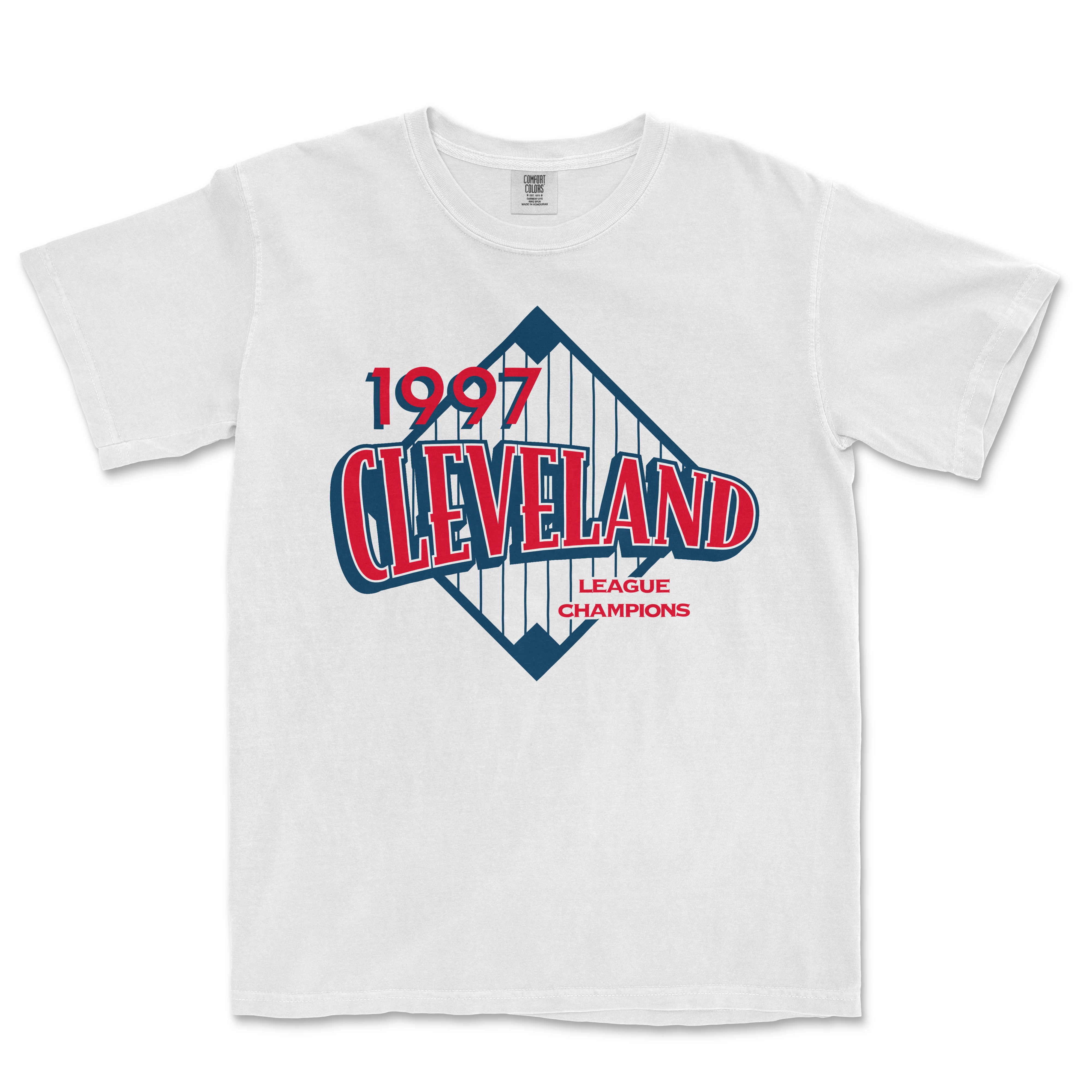 White Comfort Colors tee featuring a vintage Cleveland baseball team logo with "1997 Cleveland League Champions" text.