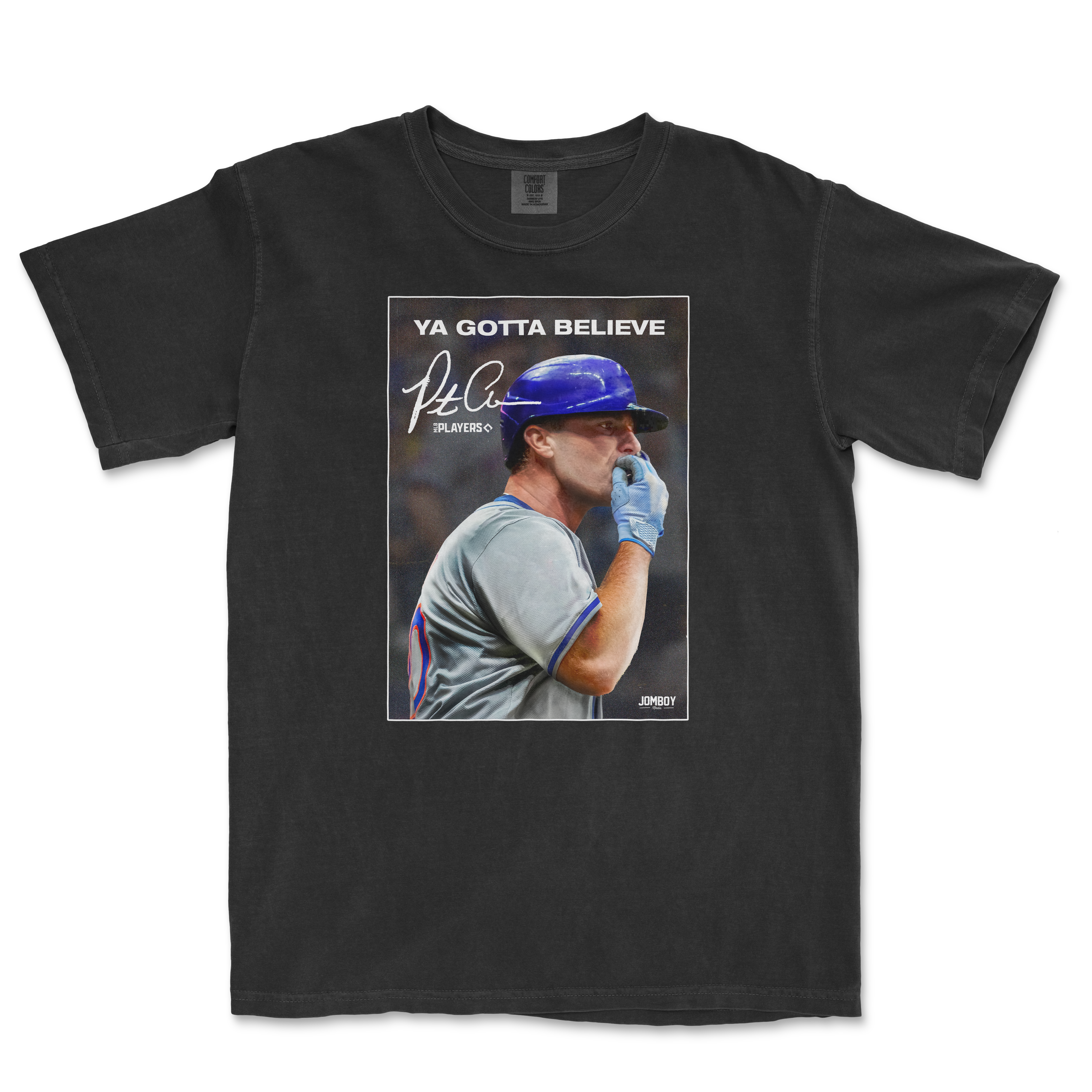 Black t-shirt featuring a graphic of a baseball player with the text "Ya Gotta Believe" and a signature.