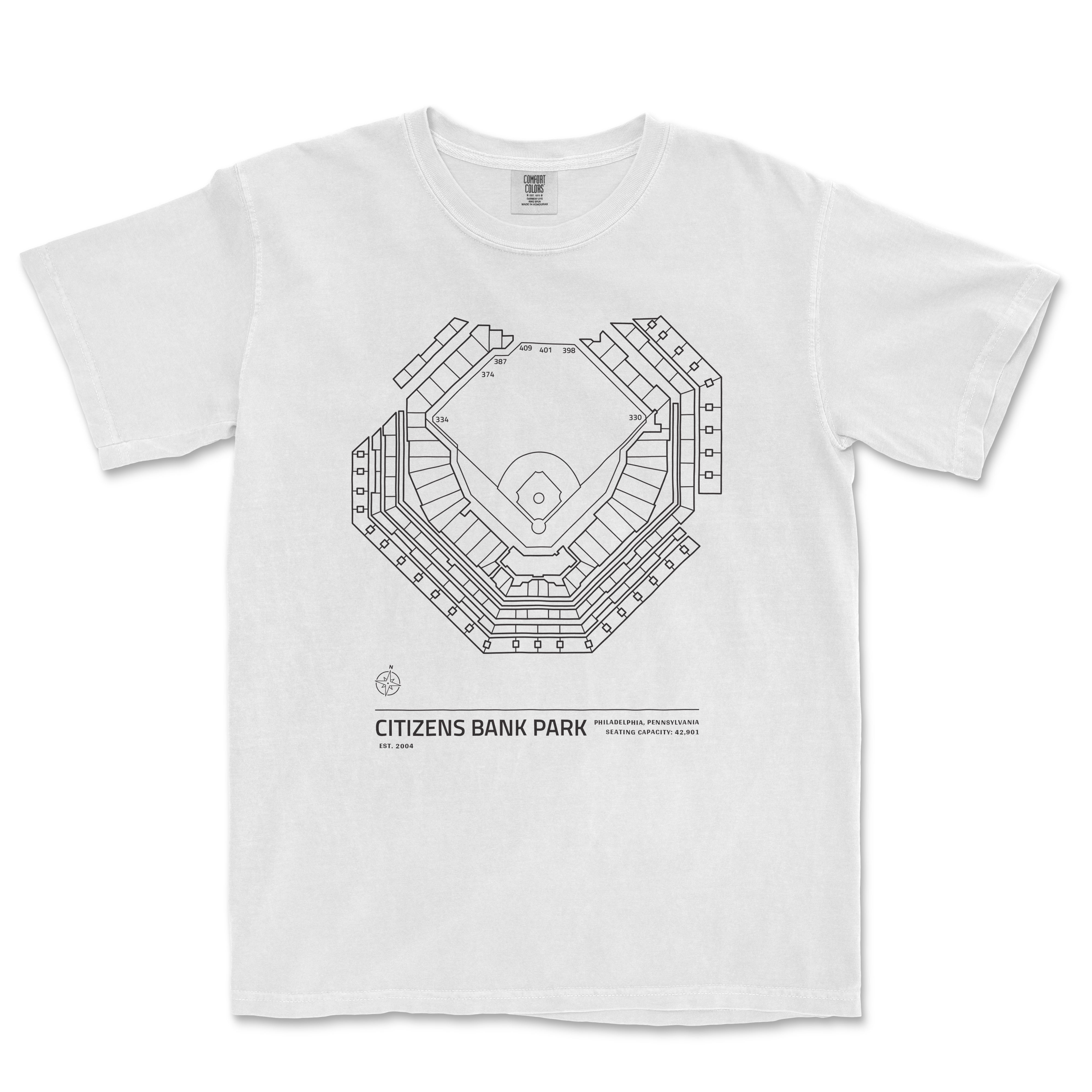 Comfort Colors tee featuring a line drawing of Citizens Bank Park stadium seating chart, with location details and capacity.