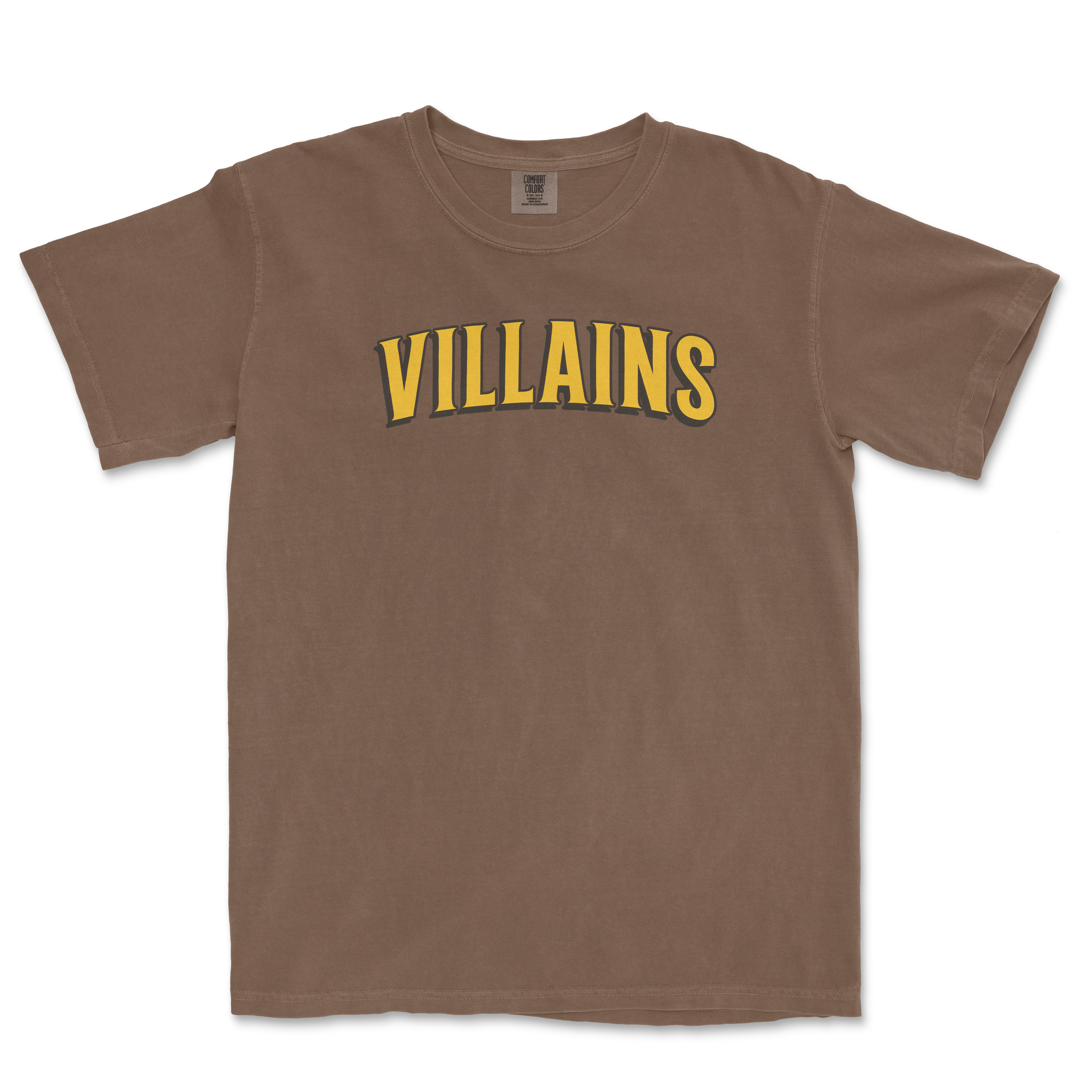 Brown T-shirt with the word "VILLAINS" printed in bold yellow and black letters across the chest.