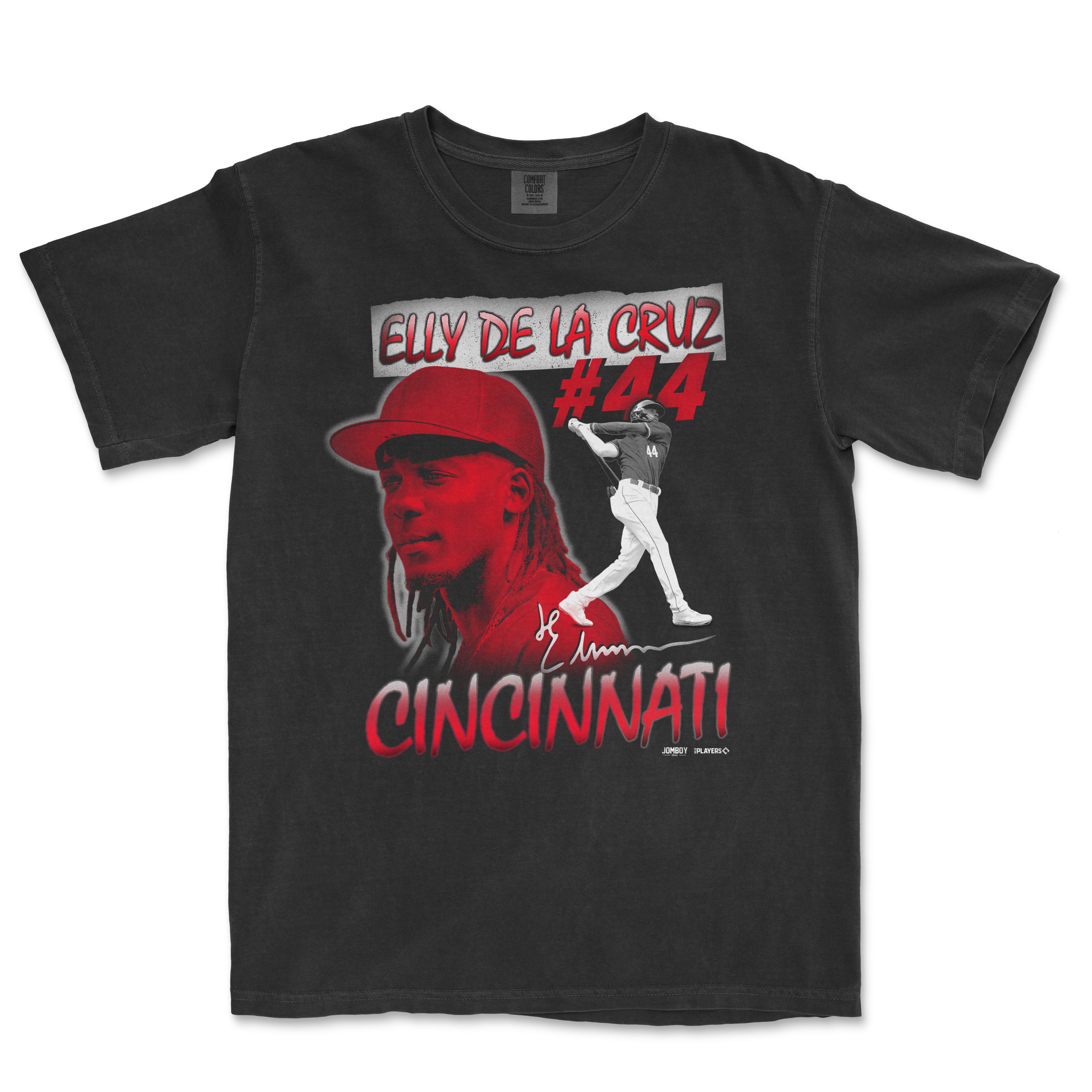 Black Comfort Colors T-shirt featuring a Cincinnati-themed graphic with a portrait, baseball player, and bold red text.