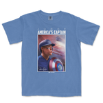Blue Comfort Colors T-shirt featuring a graphic of Aaron Judge as America's Captain, with his signature and baseball imagery.