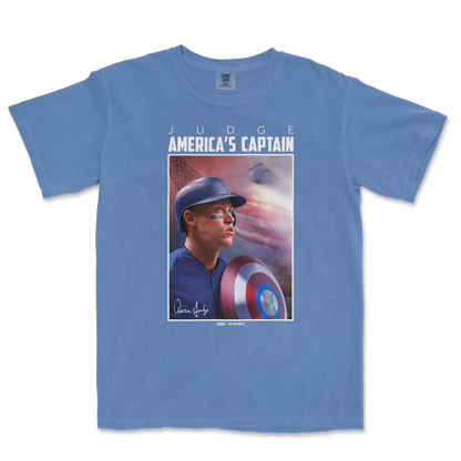 Blue Comfort Colors T-shirt featuring a graphic of Aaron Judge as America's Captain, with his signature and baseball imagery.
