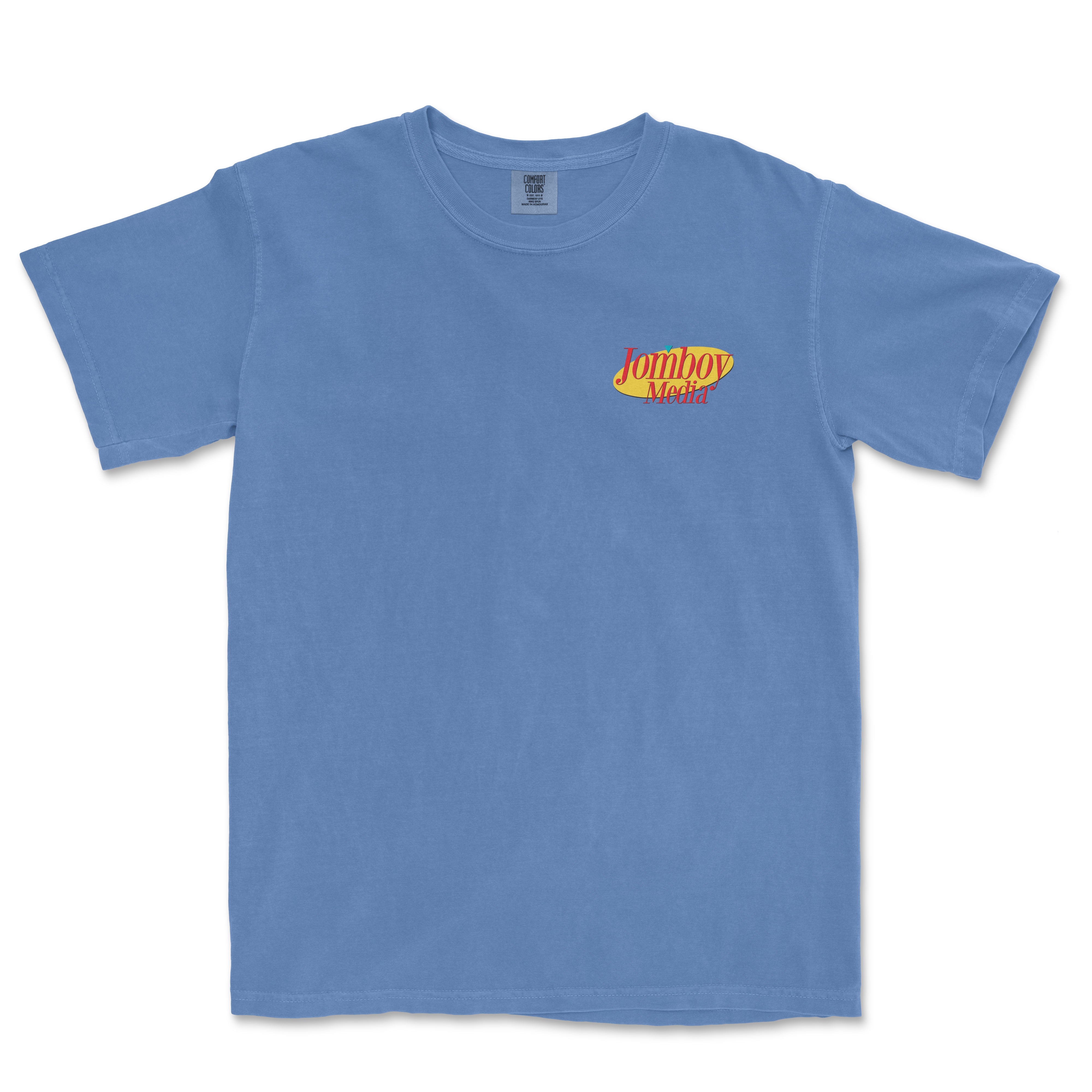 Blue T-shirt with "Jomboy Media" logo in red and yellow on the chest, short sleeves, and round neckline.