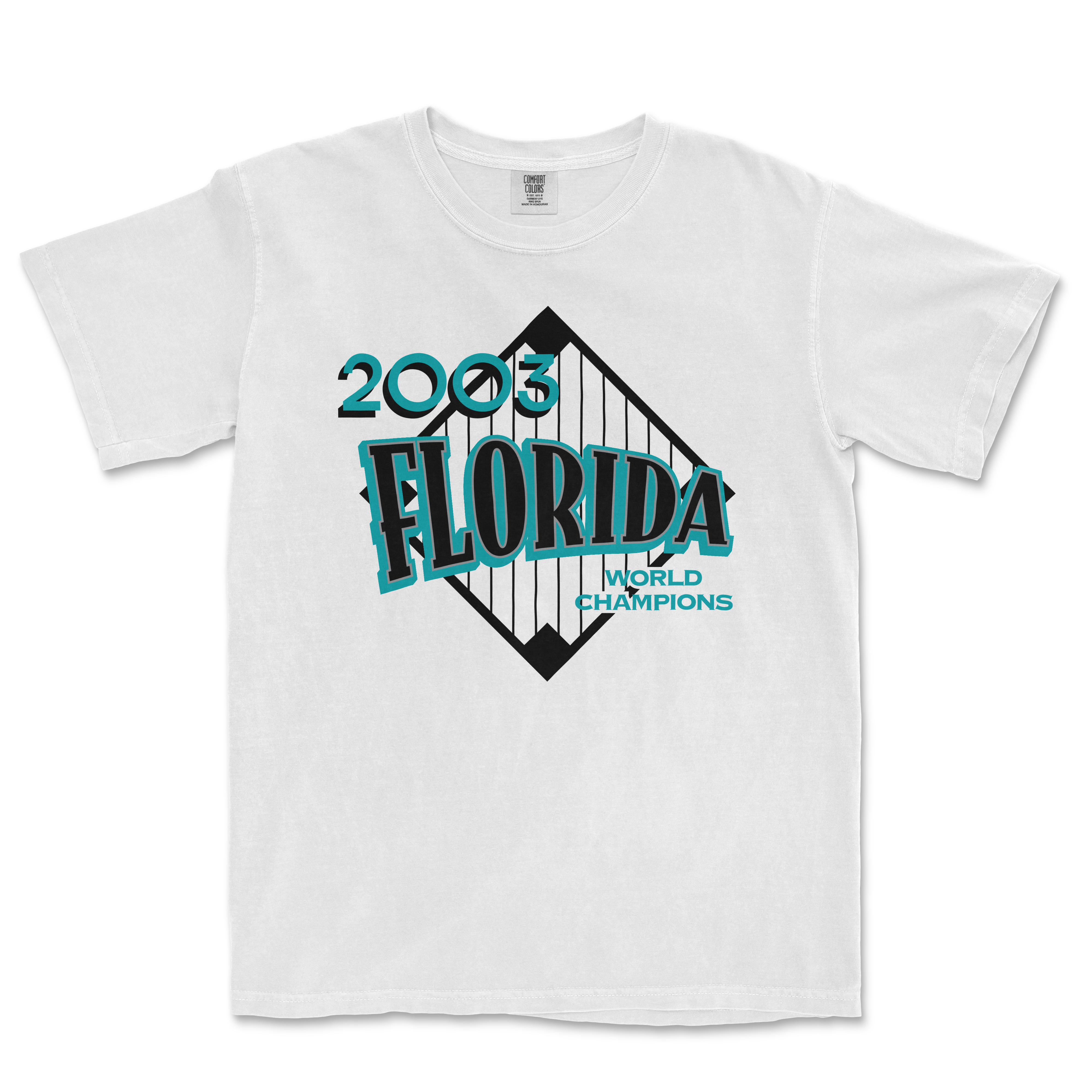 White Comfort Colors tee featuring a 2003 Florida World Champions graphic with a bridge illustration and bold blue and black text.