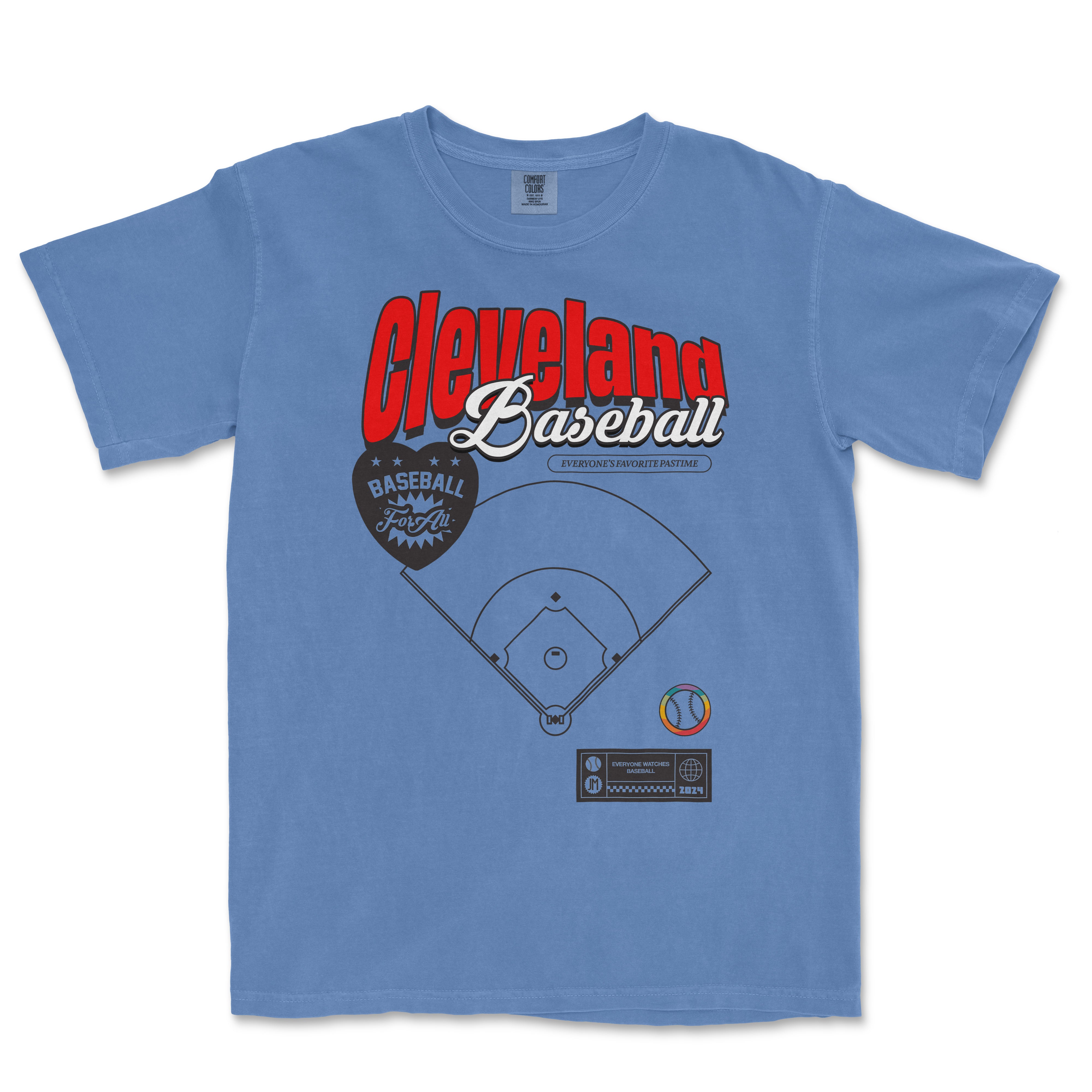 Light blue Comfort Colors vintage tee featuring a Cleveland Baseball Pride design with bold red and white text, a baseball graphic, and sporty details.