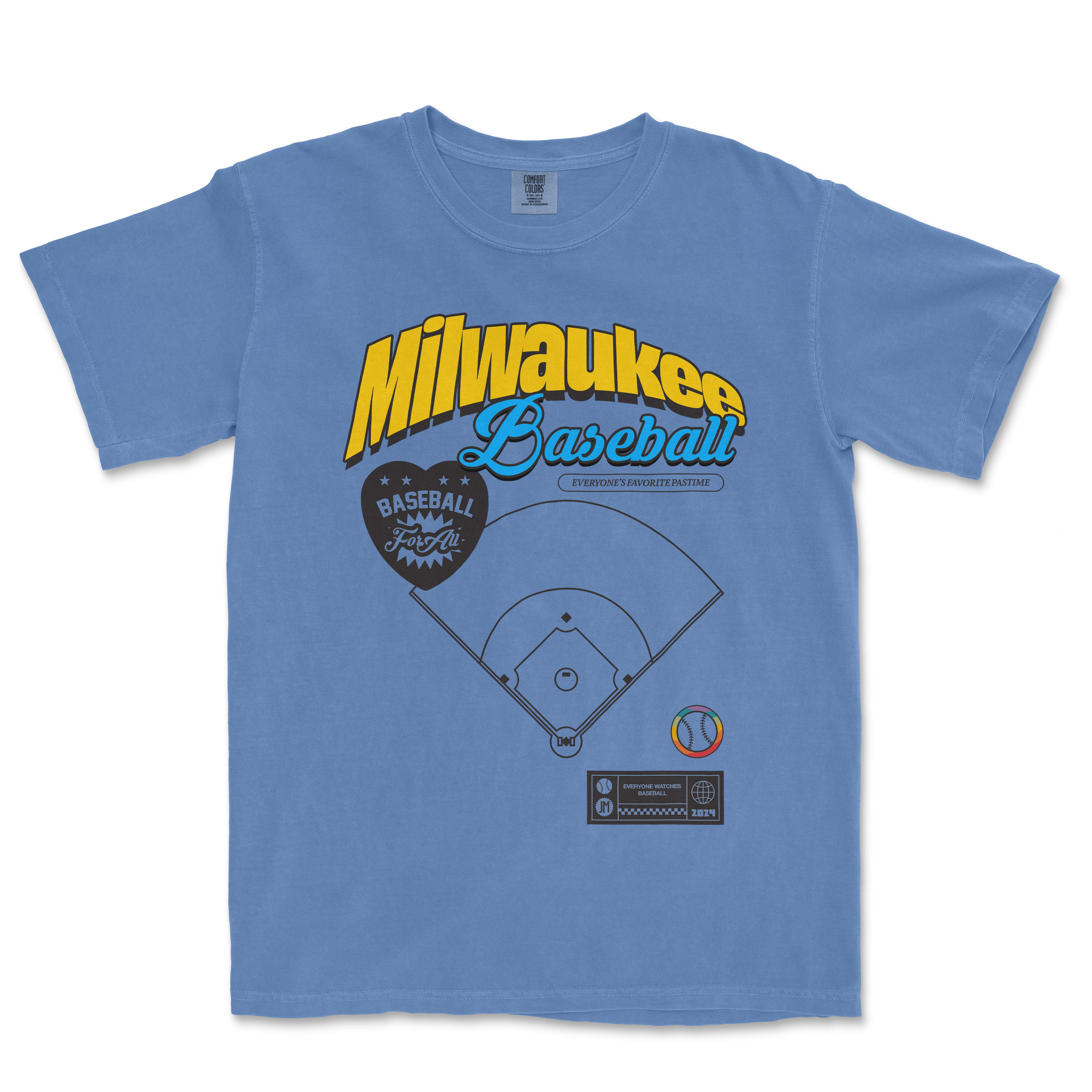 Blue vintage Comfort Colors T-shirt featuring Milwaukee Baseball Pride graphic with a baseball field, team logo, and colorful accents.