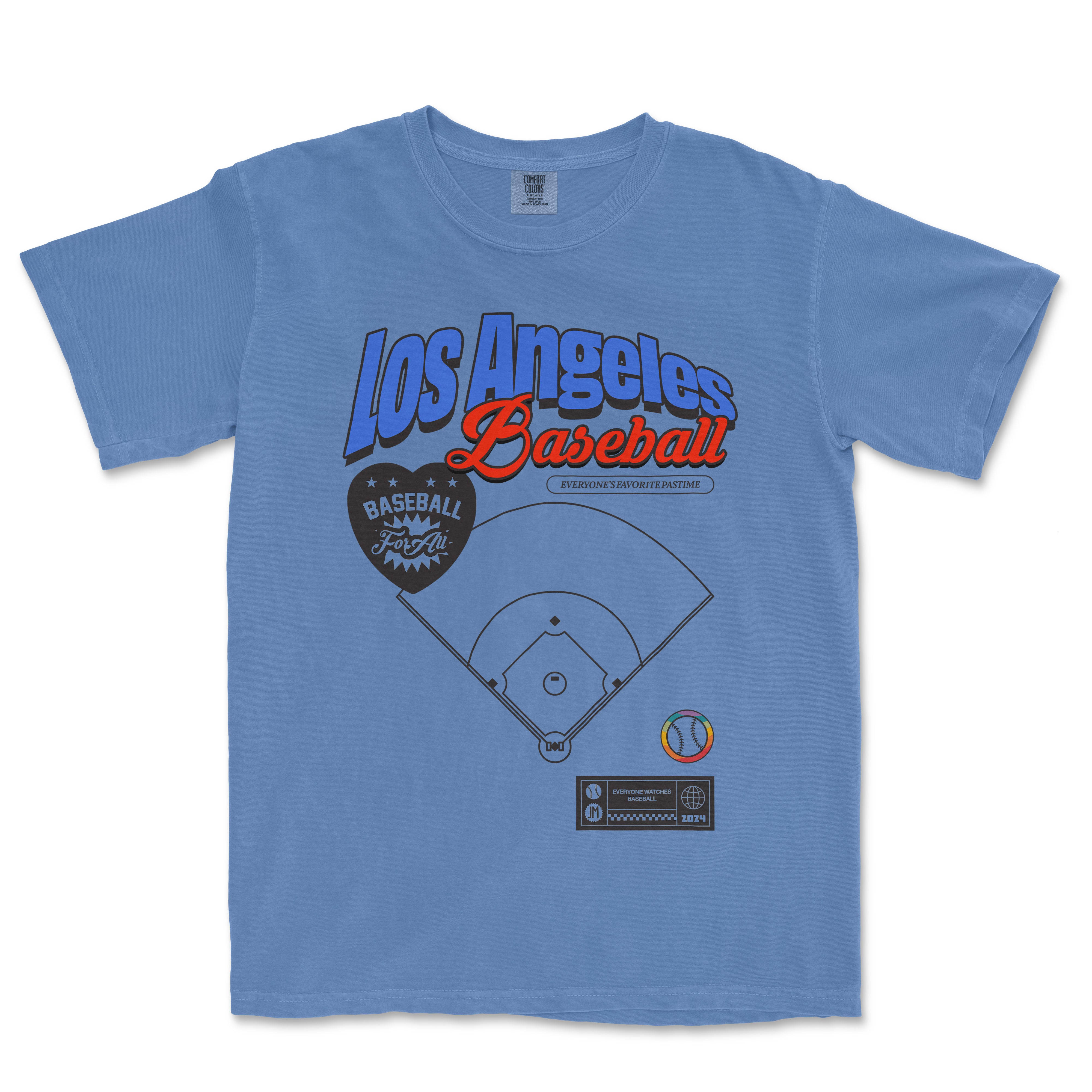 Blue vintage Comfort Colors T-shirt featuring "Los Angeles Baseball Pride" text, baseball graphics, and colorful design elements.