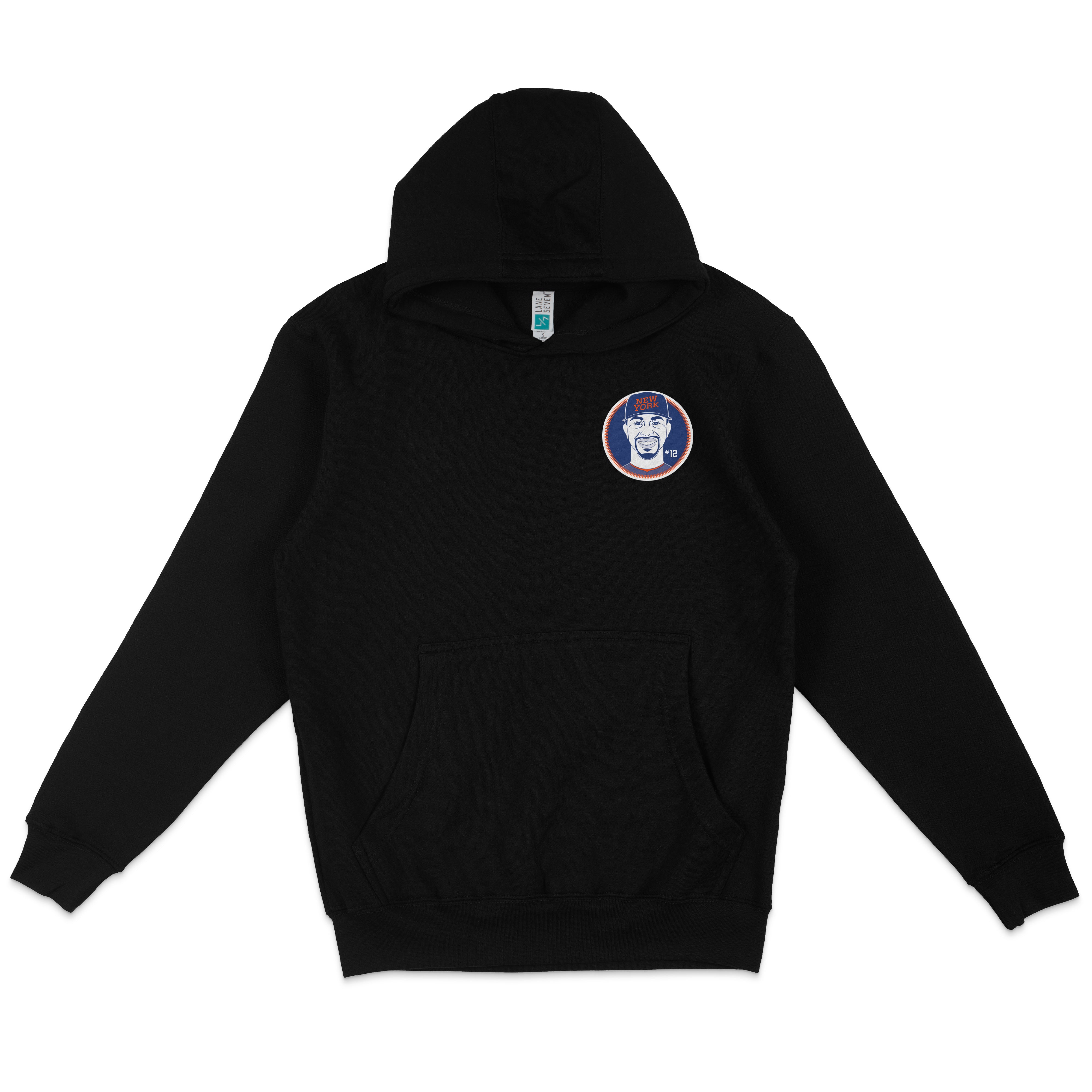 Black pullover fleece hoodie featuring a colorful Francisco Lindor New York Mets patch on the chest.