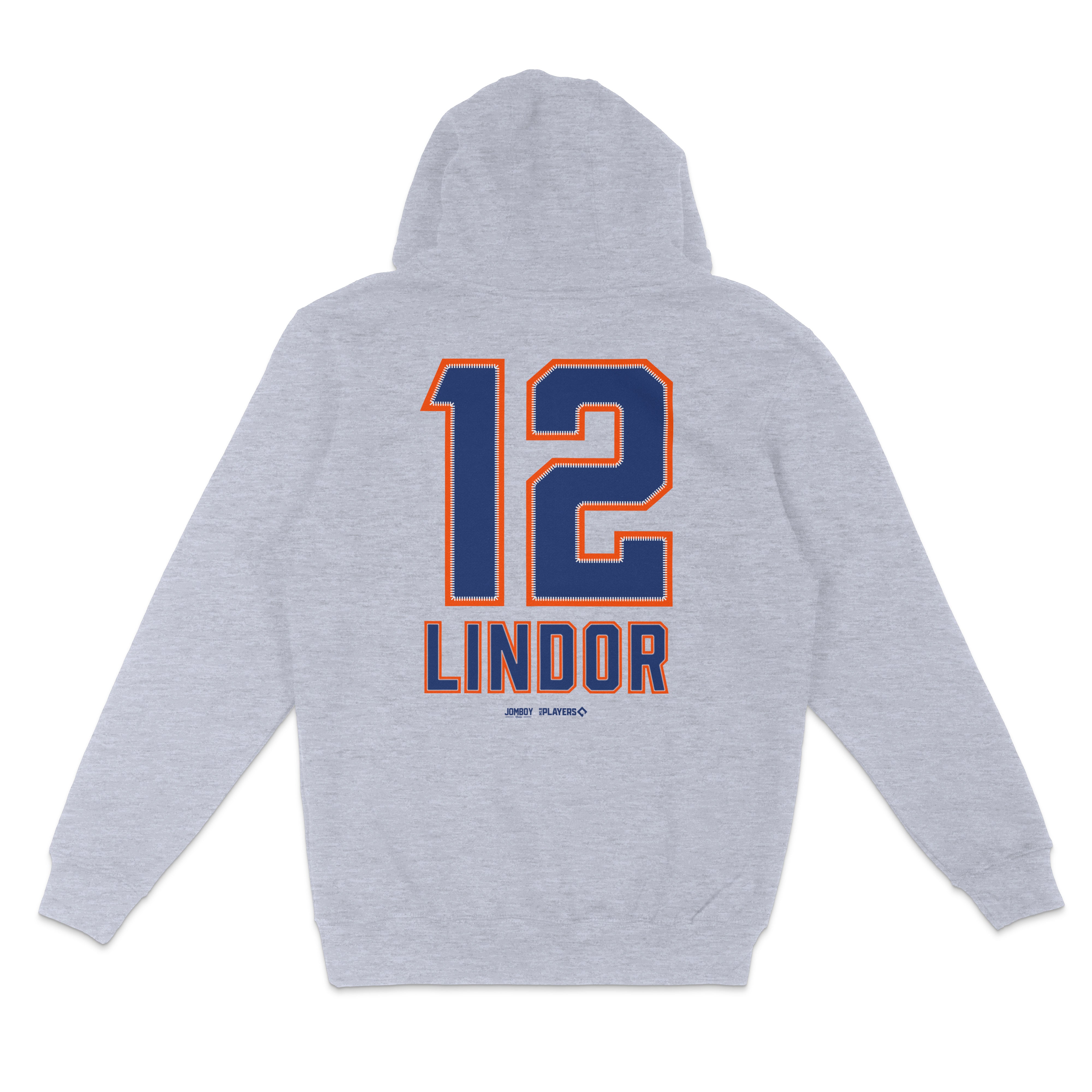 Gray pullover fleece hoodie featuring "12 Lindor" in large navy and orange lettering on the back.