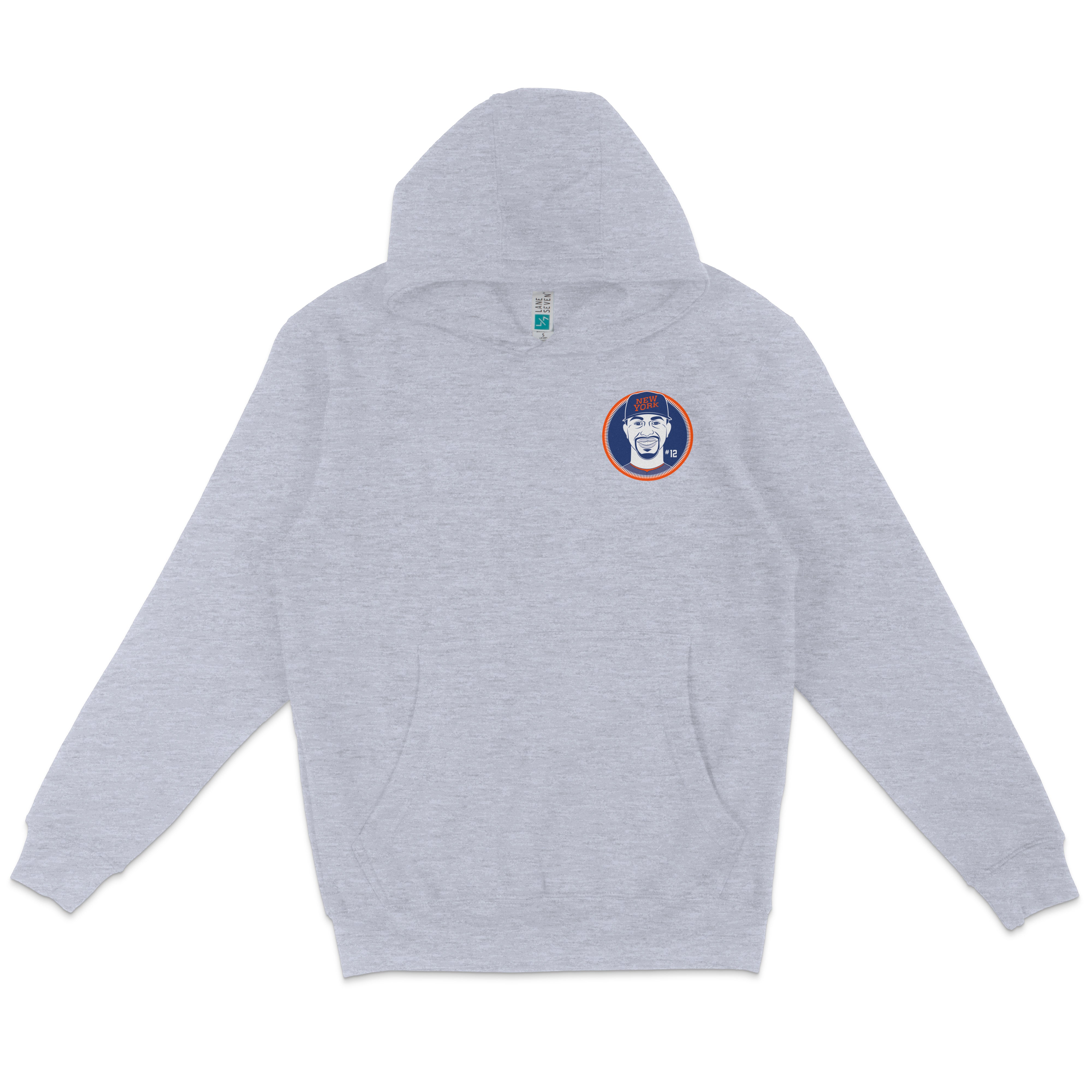 Gray pullover fleece hoodie featuring a circular graphic of Francisco Lindor with a smiling face and "New York" text.