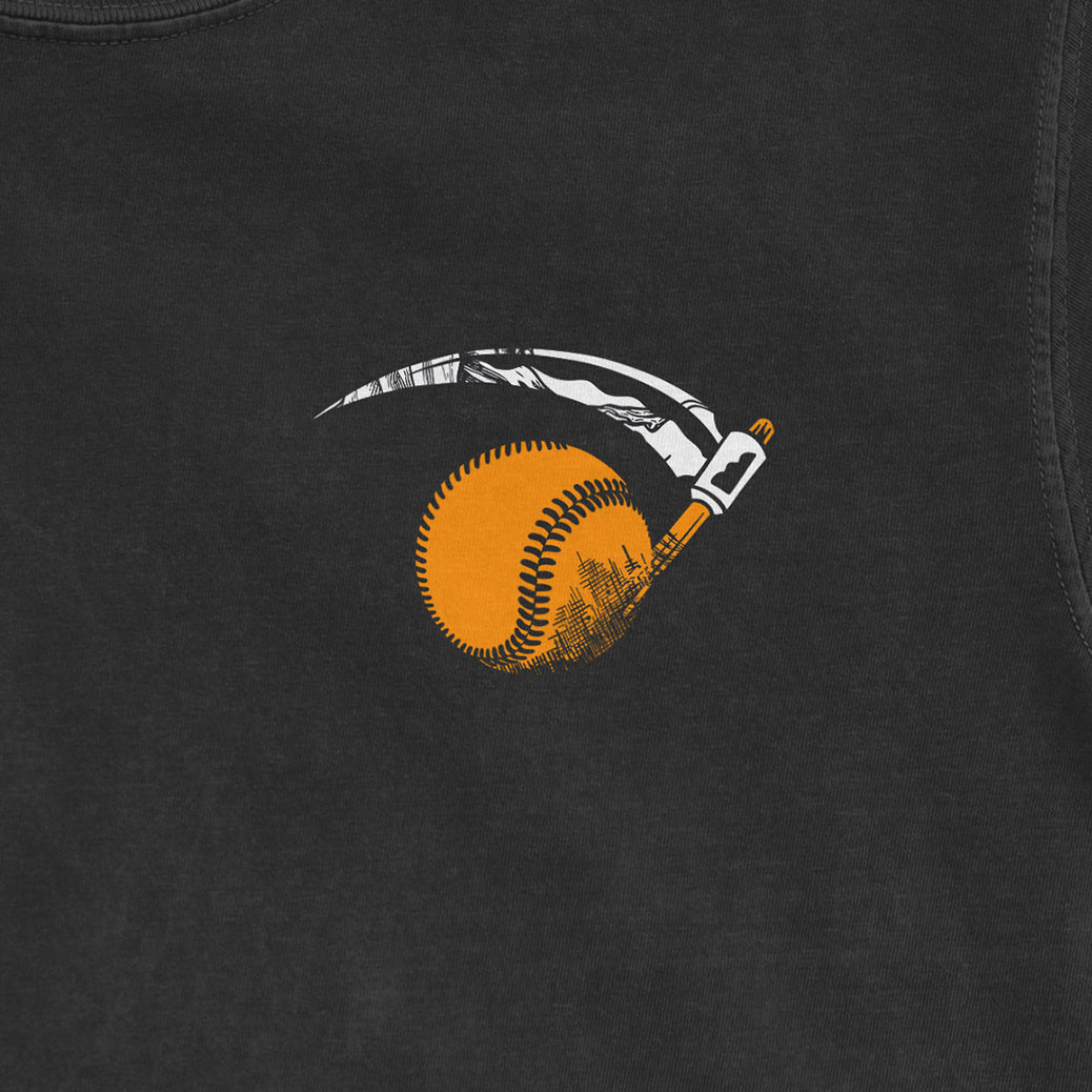 Close-up of a black Comfort Colors tee featuring a graphic of a baseball with a zipper, a bat, and a stylized design.