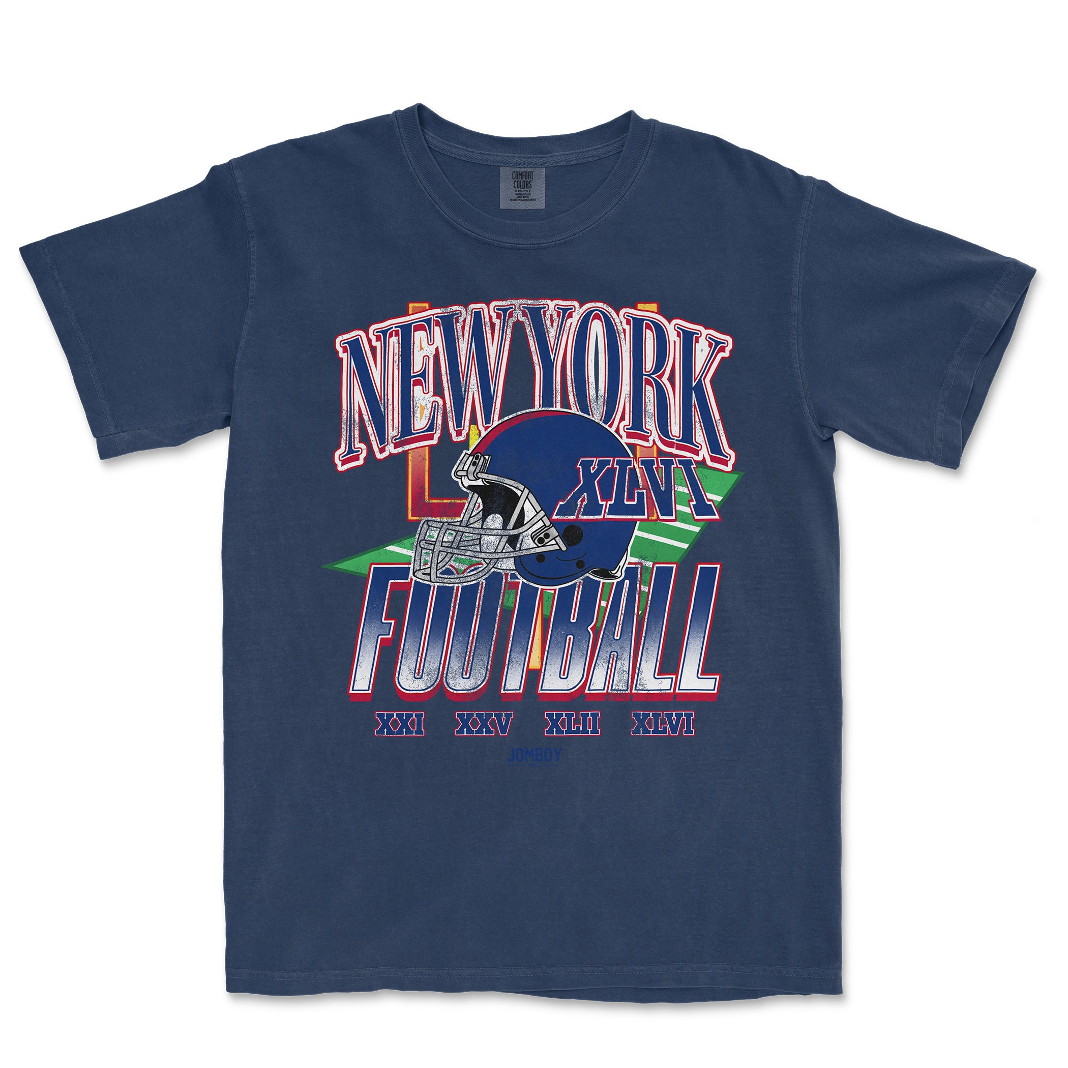 Vintage navy Comfort Colors T-shirt featuring a colorful New York Giants football graphic with Roman numerals and a helmet design.