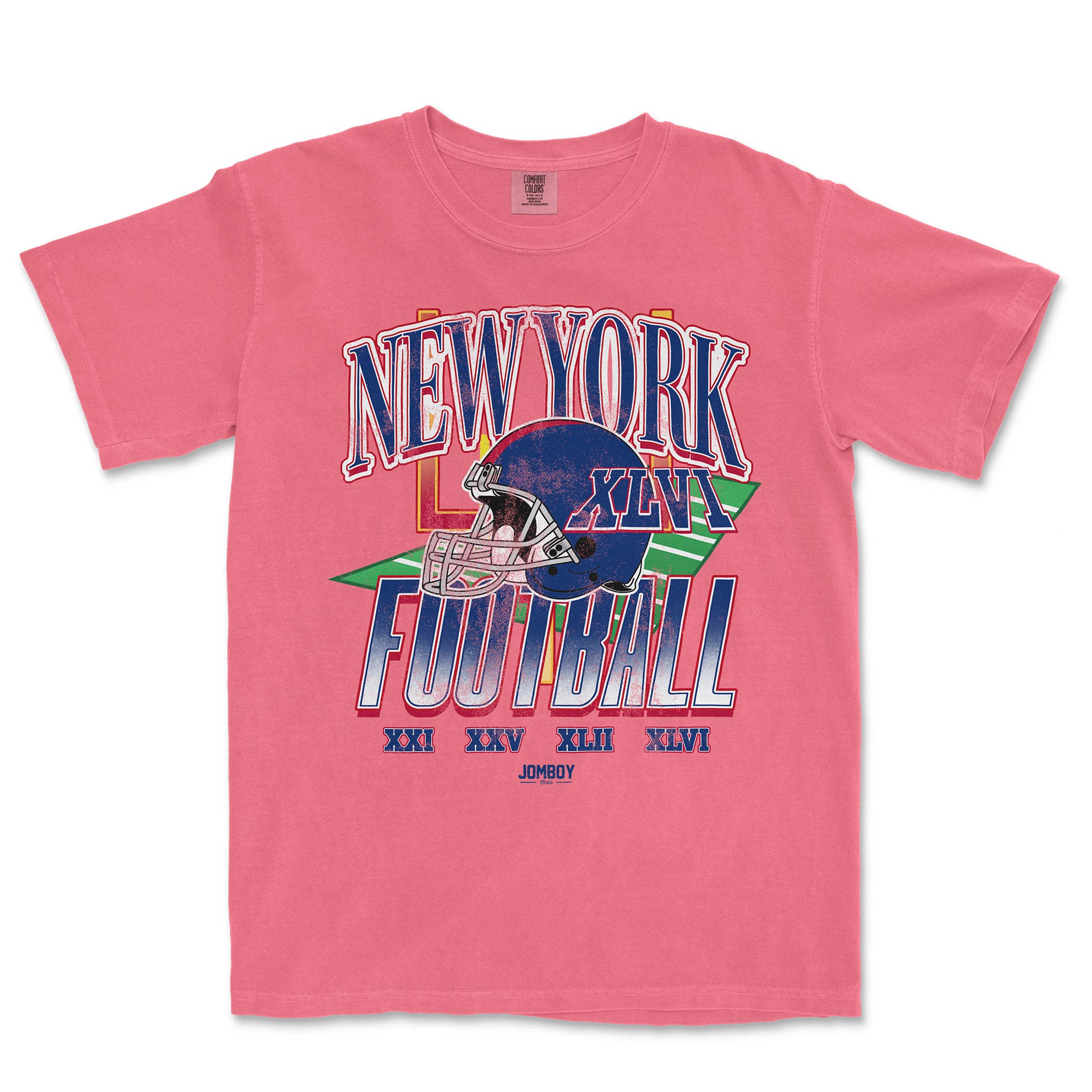 Pink vintage Comfort Colors® T-shirt featuring a colorful graphic design of a football helmet, "New York Football" text, and Roman numerals.
