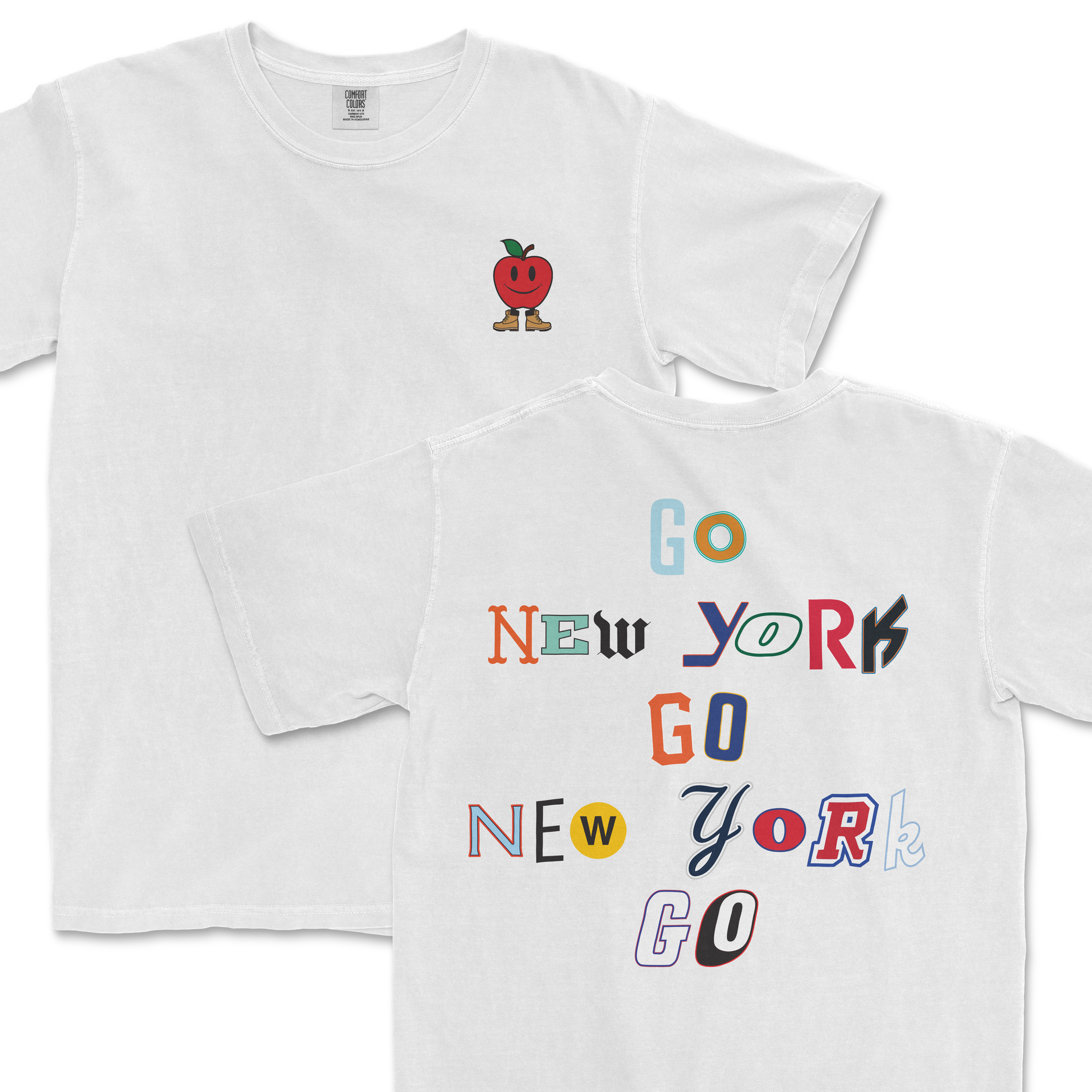 White t-shirt featuring a playful apple logo on the front and colorful "Go New York Go" text design on the back.