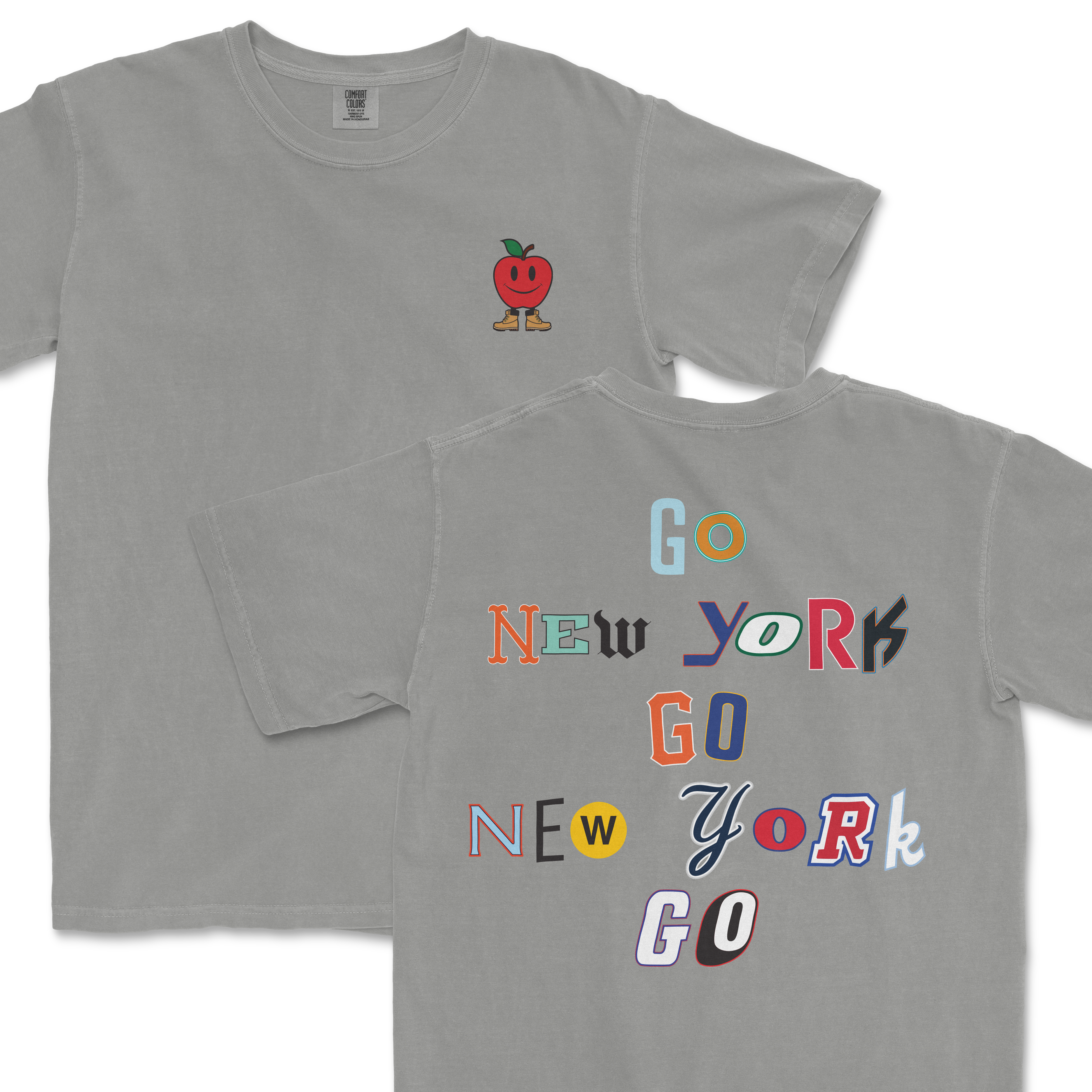 Gray t-shirt featuring a playful apple logo on the front and colorful "Go New York Go" text design on the back.