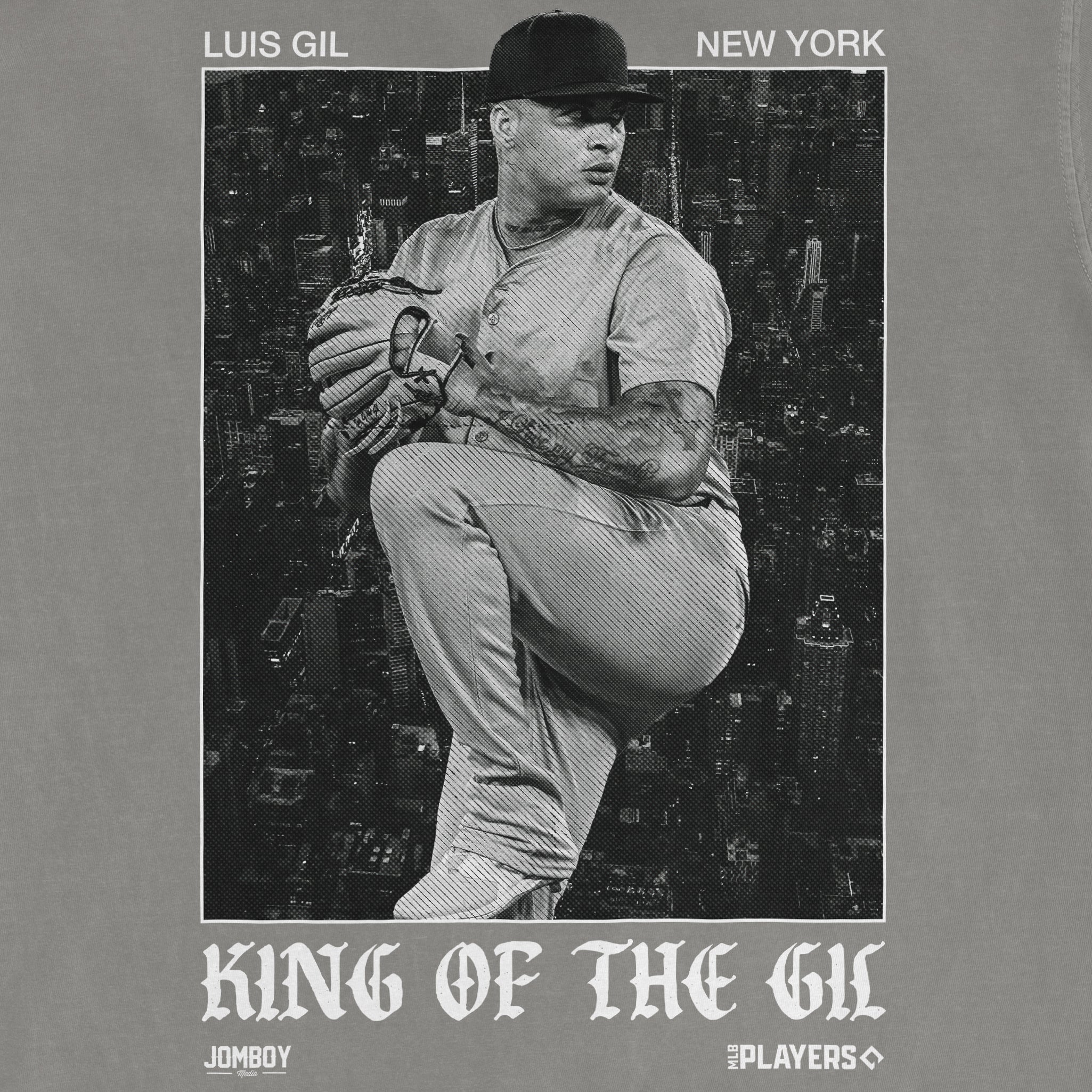 Gray Comfort Colors T-shirt featuring a black-and-white graphic of Luis Gil with "King of the G.C." text and MLB Players logo.