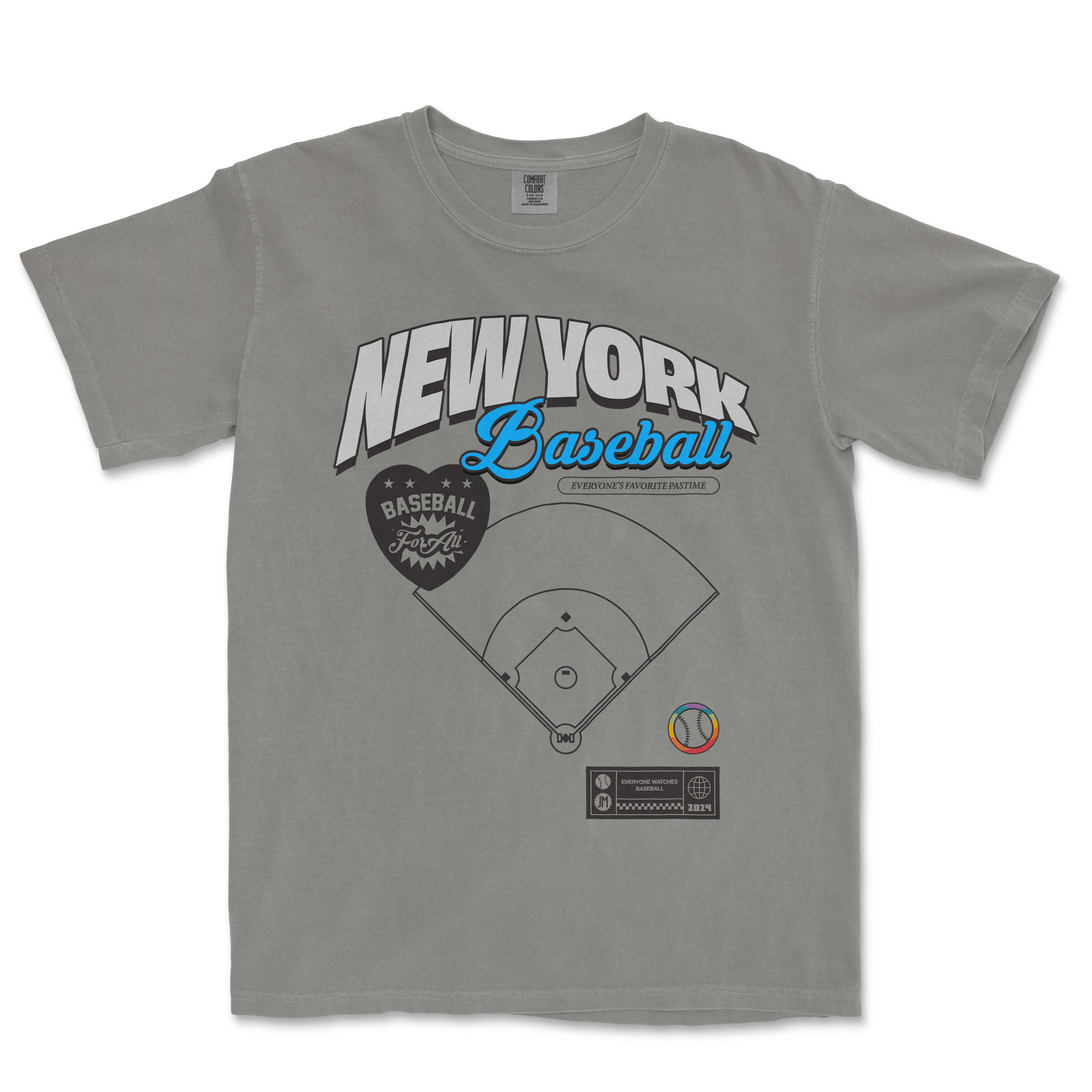 Gray vintage Comfort Colors T-shirt featuring "New York Baseball" text, a baseball diamond graphic, and colorful design elements.