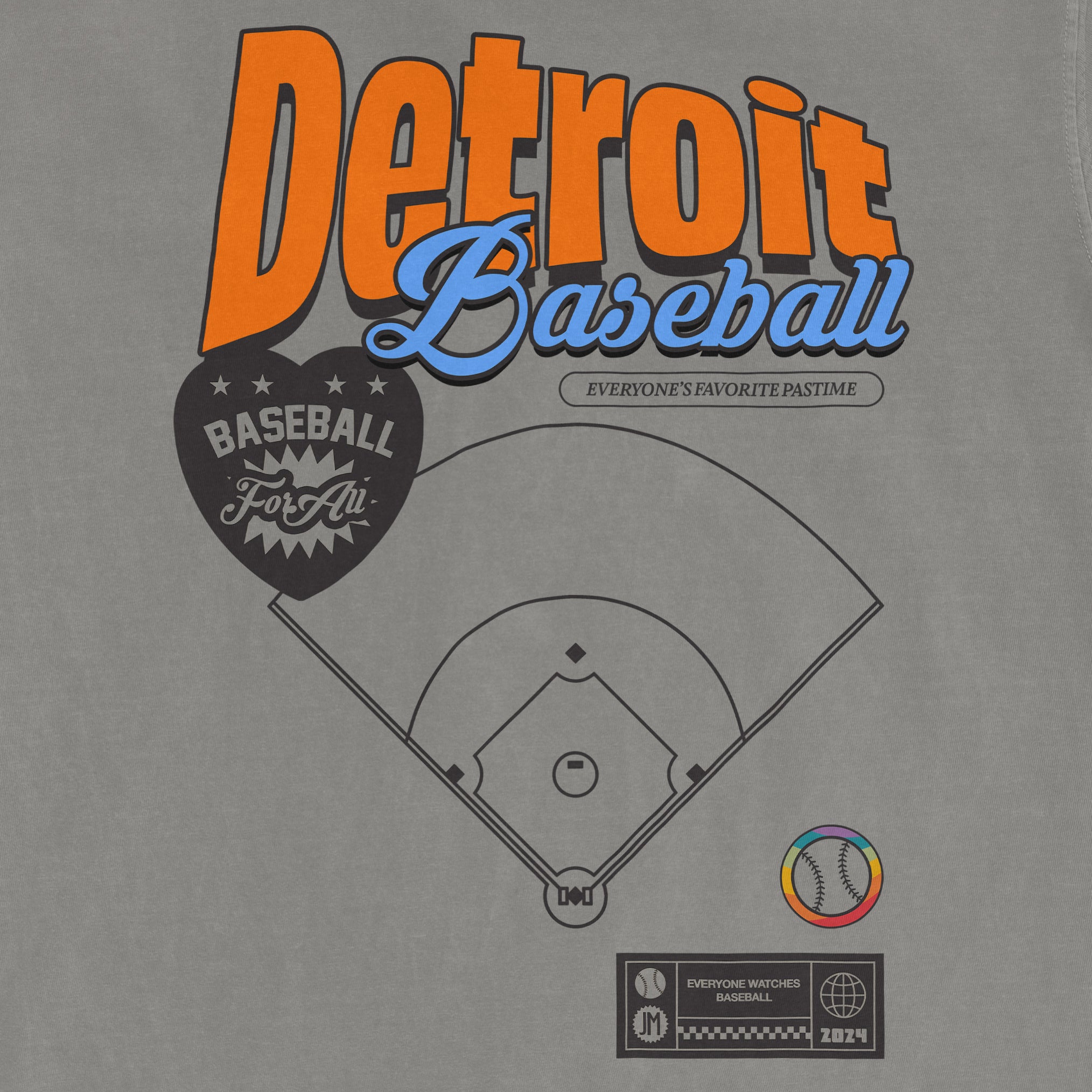 Gray vintage Comfort Colors tee featuring a Detroit Baseball Pride design with a baseball field diagram, colorful text, and graphics.