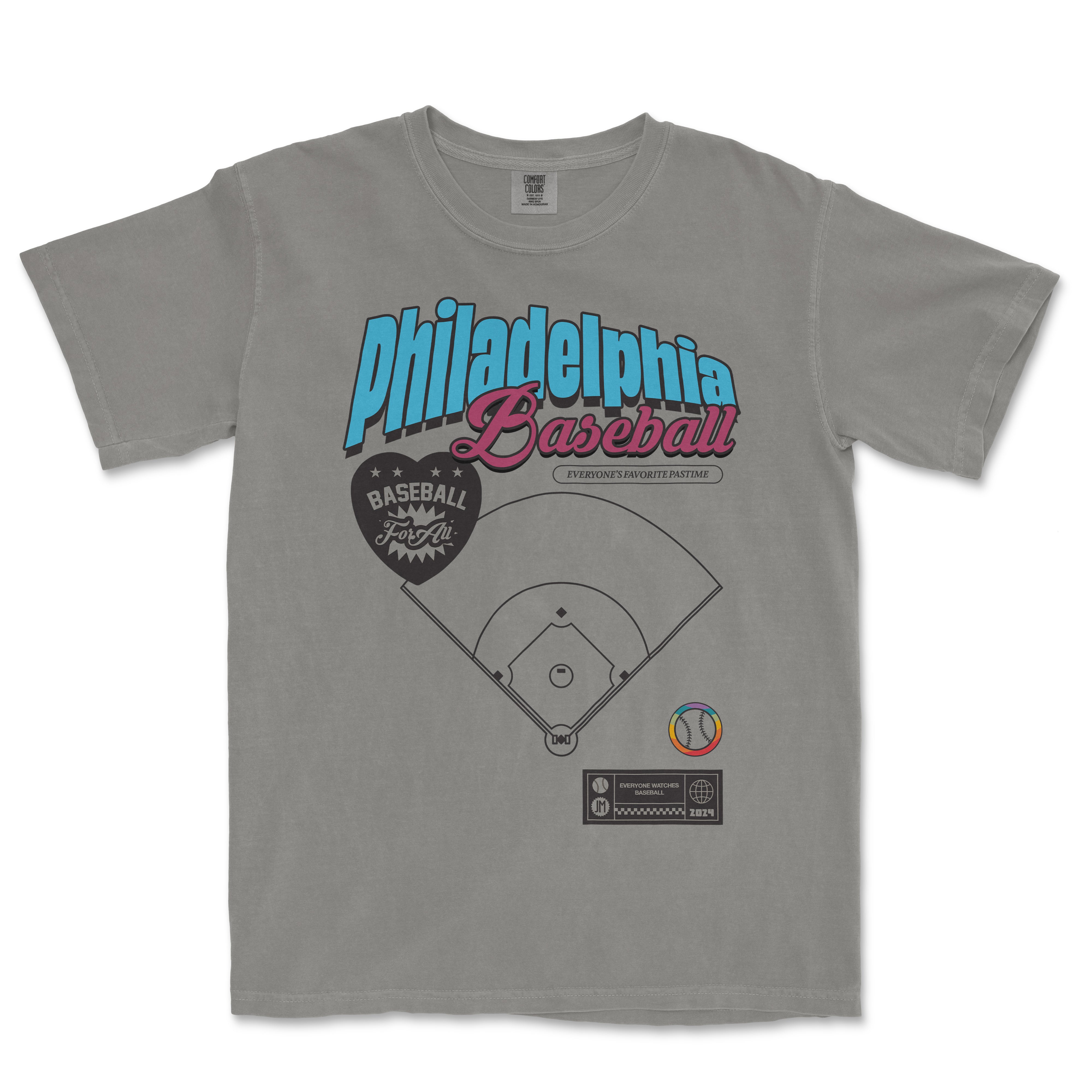 Gray T-shirt featuring colorful "Philadelphia Baseball" text, a baseball diamond graphic, and various sporty design elements.