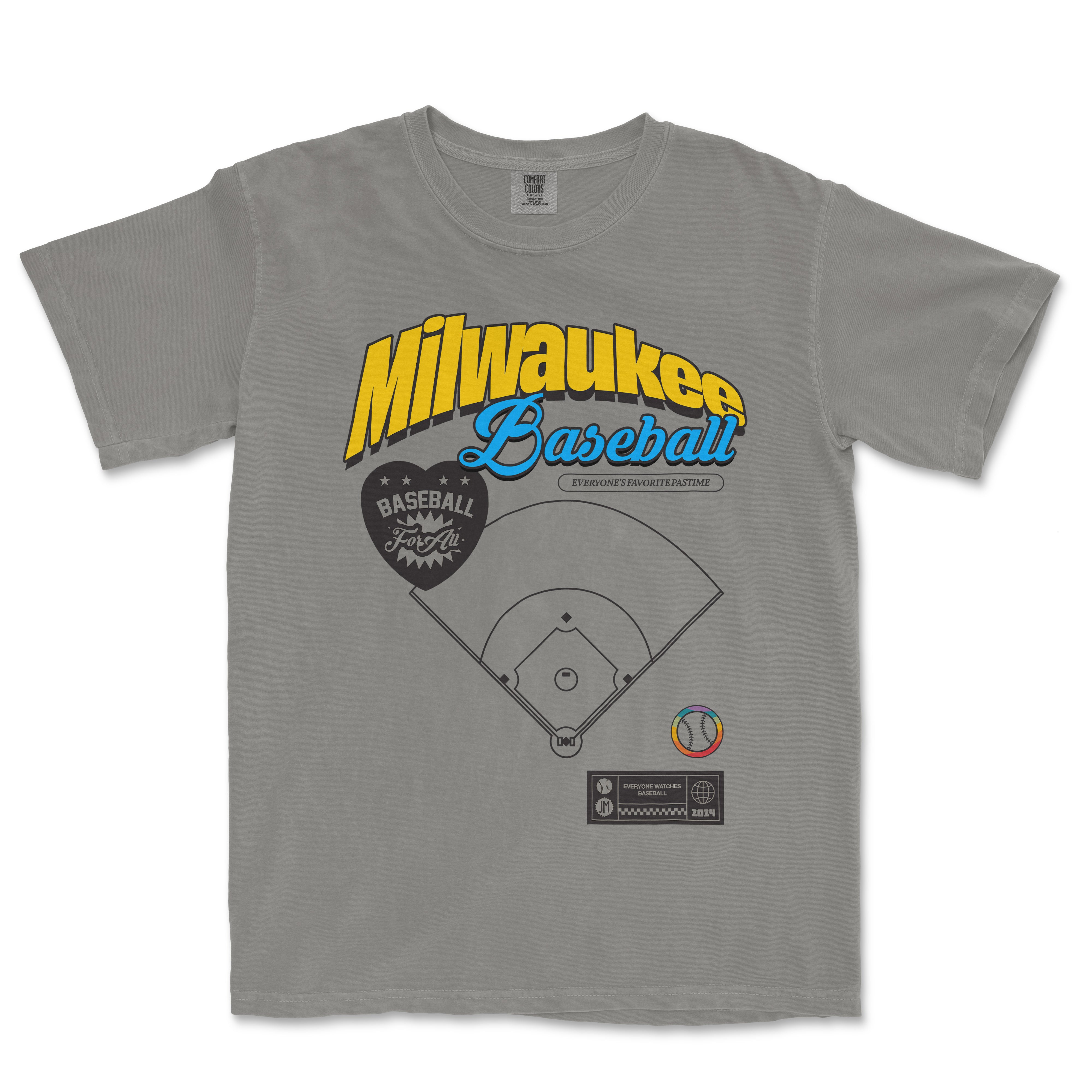 Gray Comfort Colors Vintage Tee featuring Milwaukee Baseball Pride design with colorful text, baseball graphics, and team-related details.