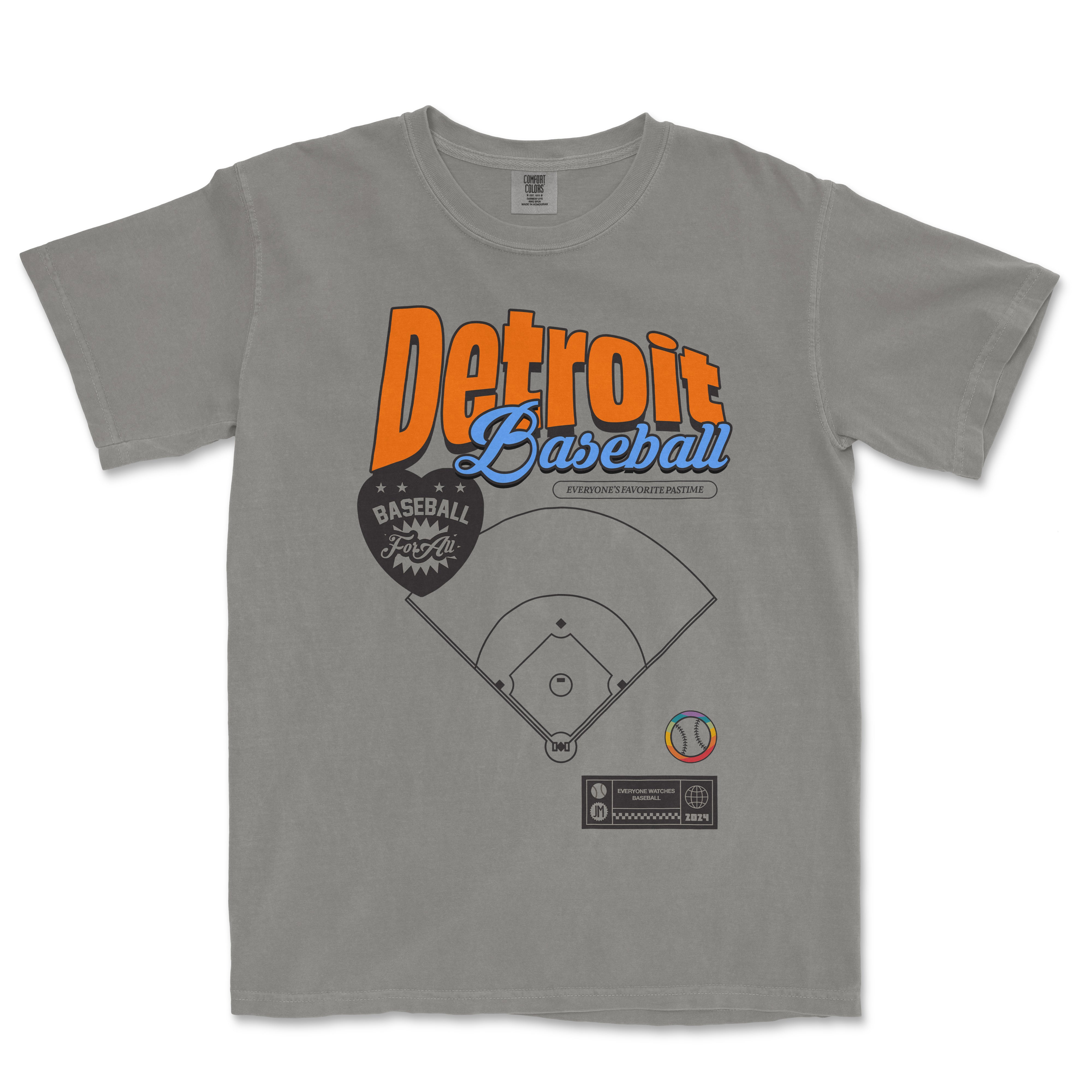 Gray Comfort Colors vintage tee featuring "Detroit Baseball Pride" with colorful text, baseball graphics, and a baseball field illustration.