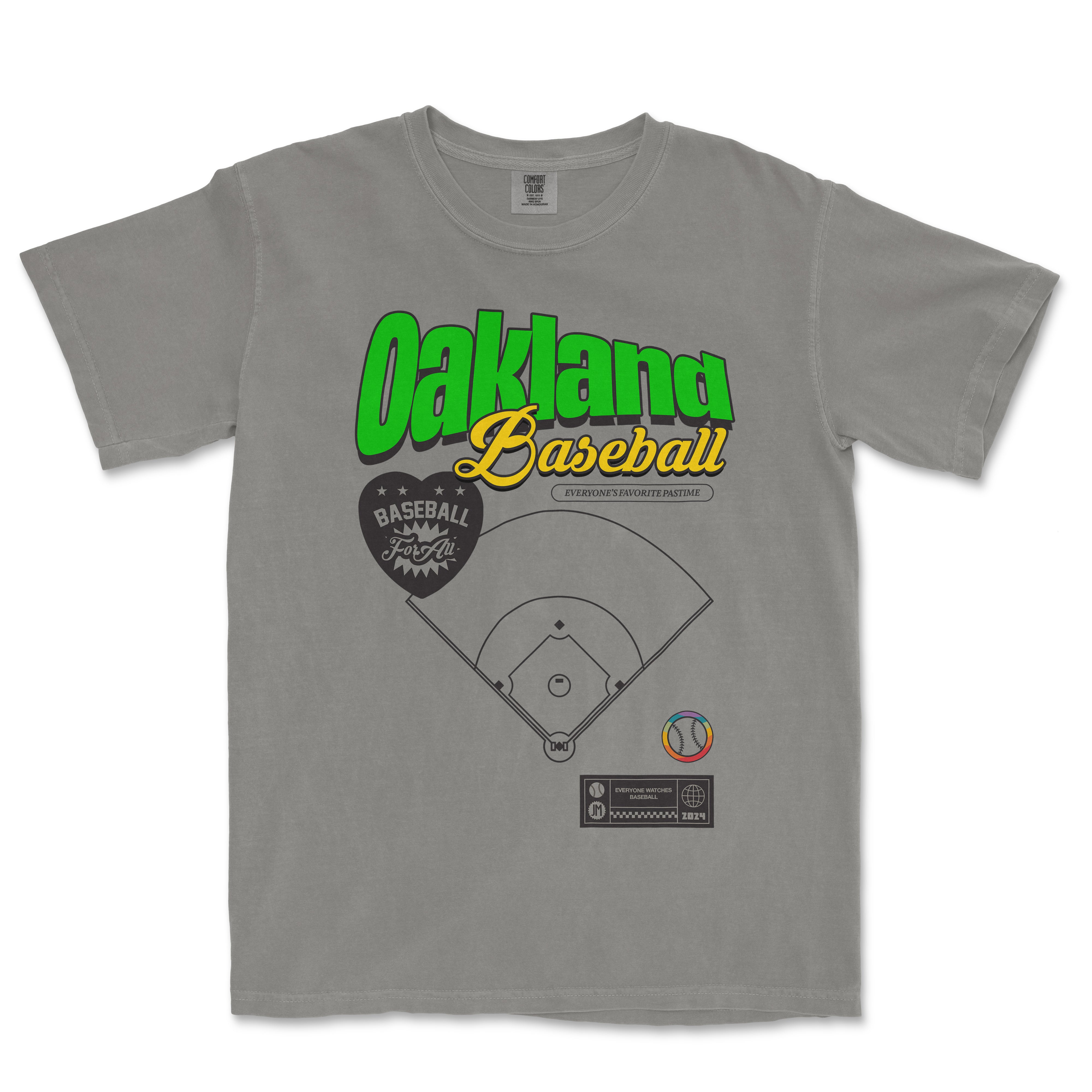 Gray T-shirt featuring colorful "Oakland Baseball Pride" text, a baseball diamond graphic, and various sports-themed icons.