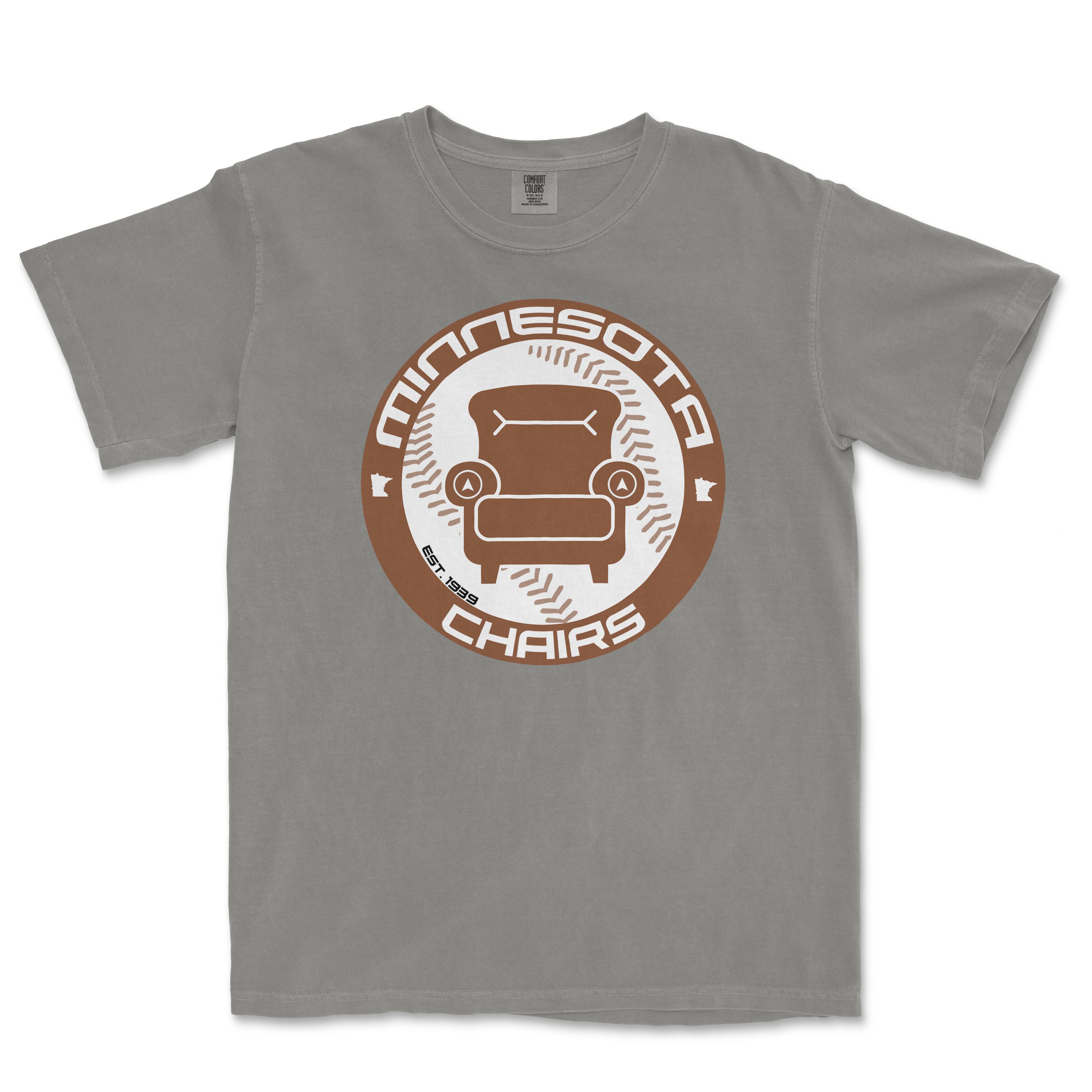 Gray Comfort Colors T-shirt featuring a circular graphic design with a chair, "Minnesota Chairs" text, and "We Got Ice" branding.