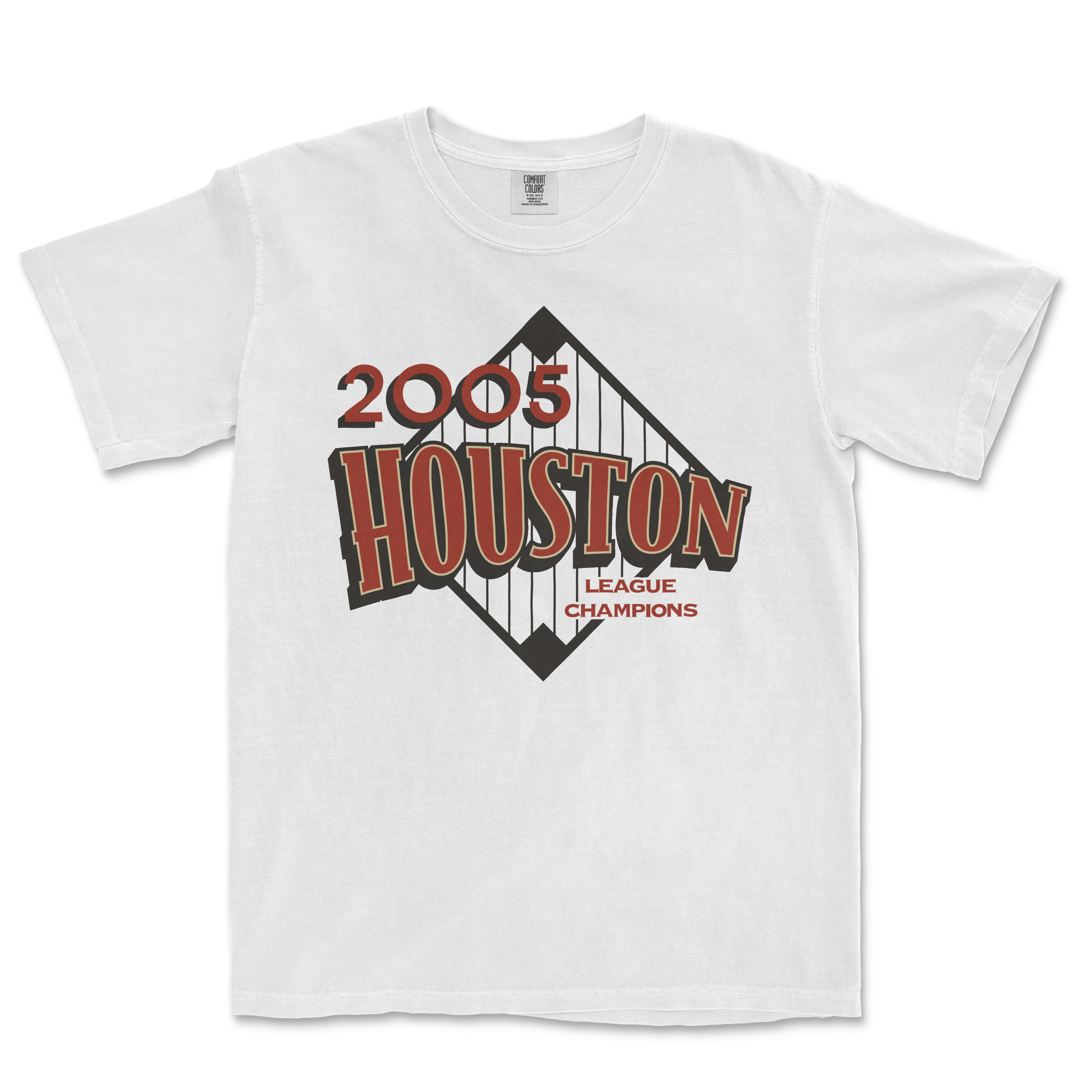 White Comfort Colors T-shirt featuring a Houston 2005 league champions graphic with a bridge illustration and bold red and brown text.