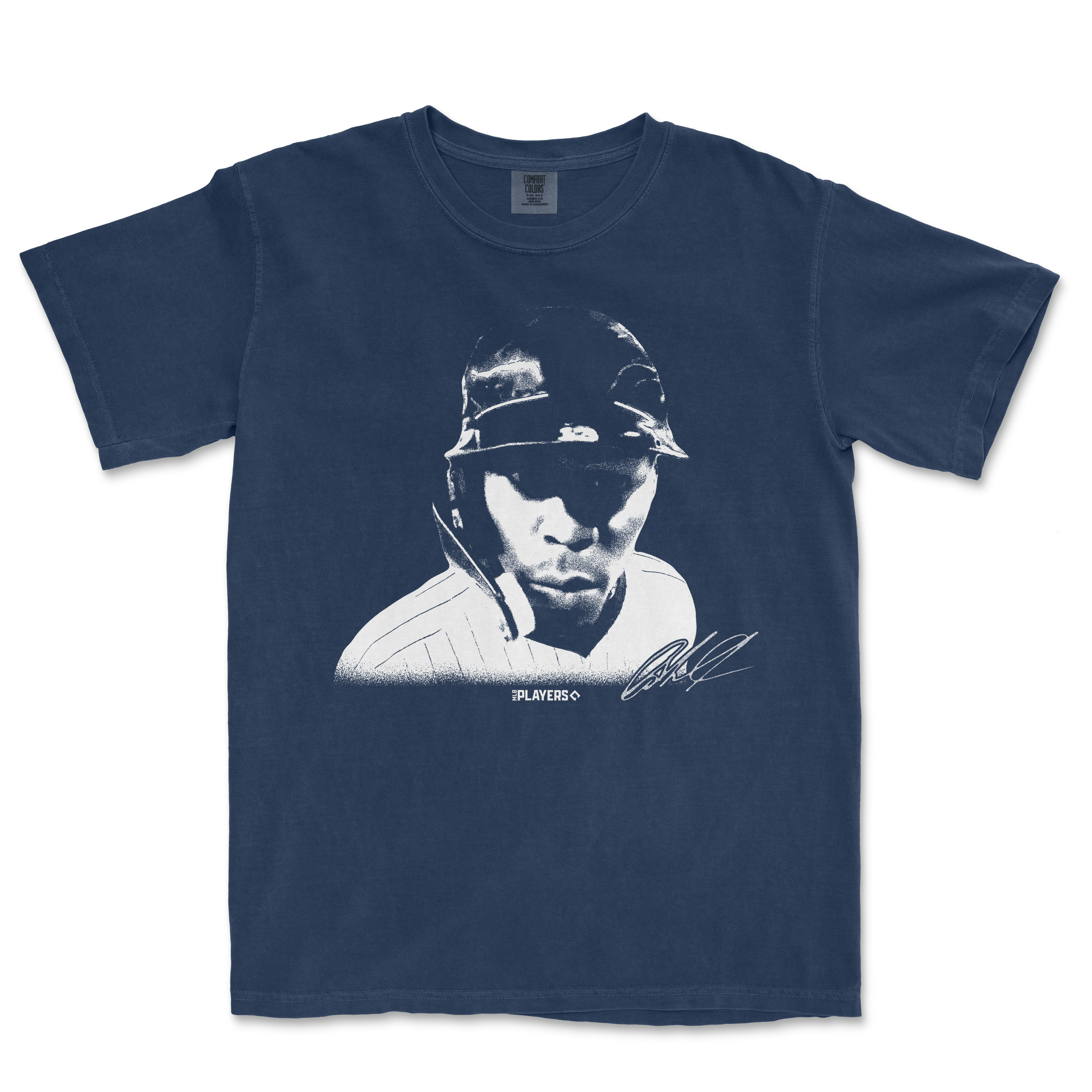 Comfort Colors navy T-shirt featuring a stylized graphic of Jazz Chisholm wearing a helmet, with "HUH?" text and autograph.