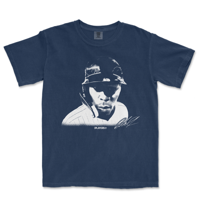 Comfort Colors navy T-shirt featuring a stylized graphic of Jazz Chisholm wearing a helmet, with "HUH?" text and autograph.