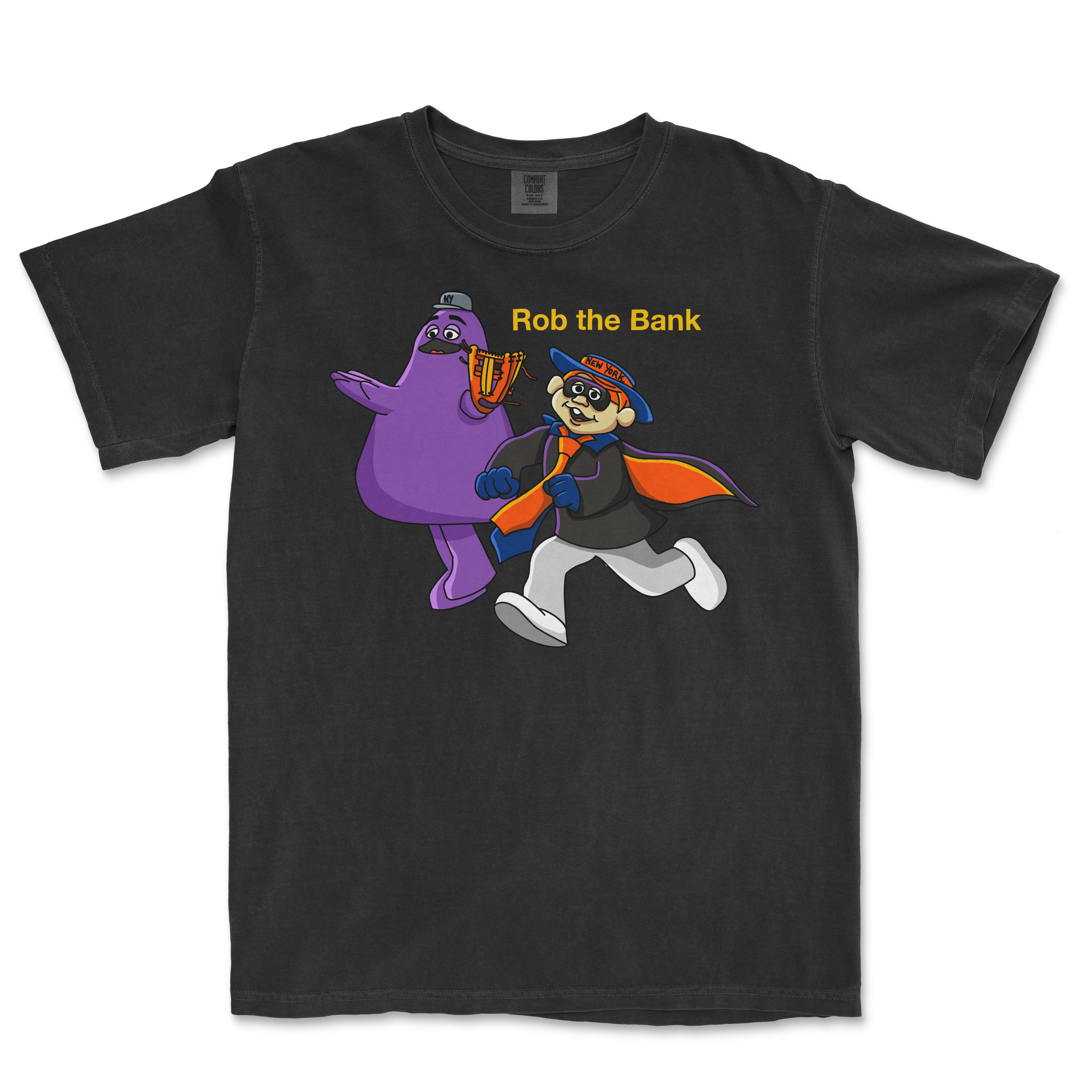 Black T-shirt featuring cartoon characters, a purple creature and a man in a superhero costume, with "Rob the Bank" text above.