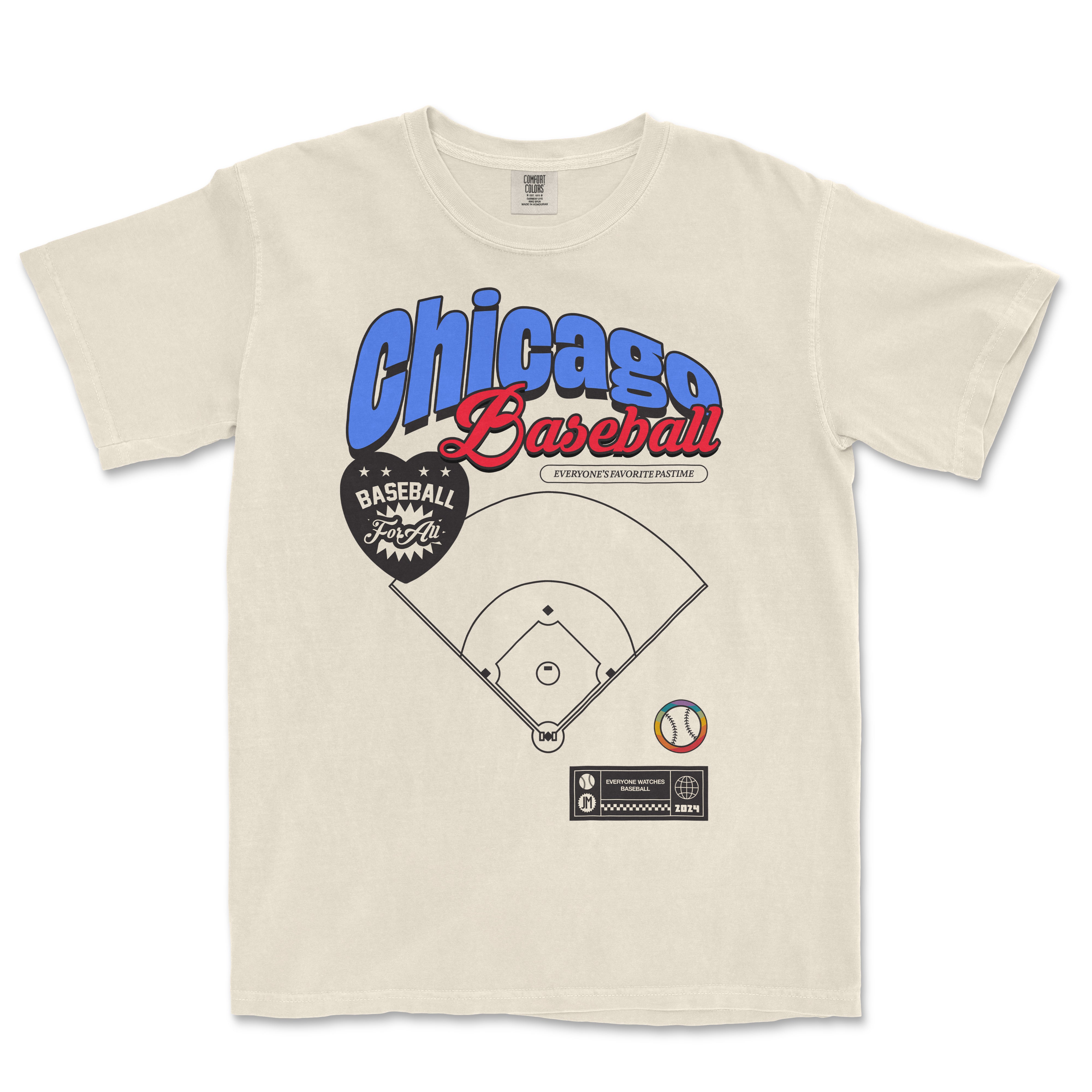 Cream-colored vintage T-shirt featuring a Chicago baseball graphic with bold blue and red text, a baseball diamond, and various sports icons.
