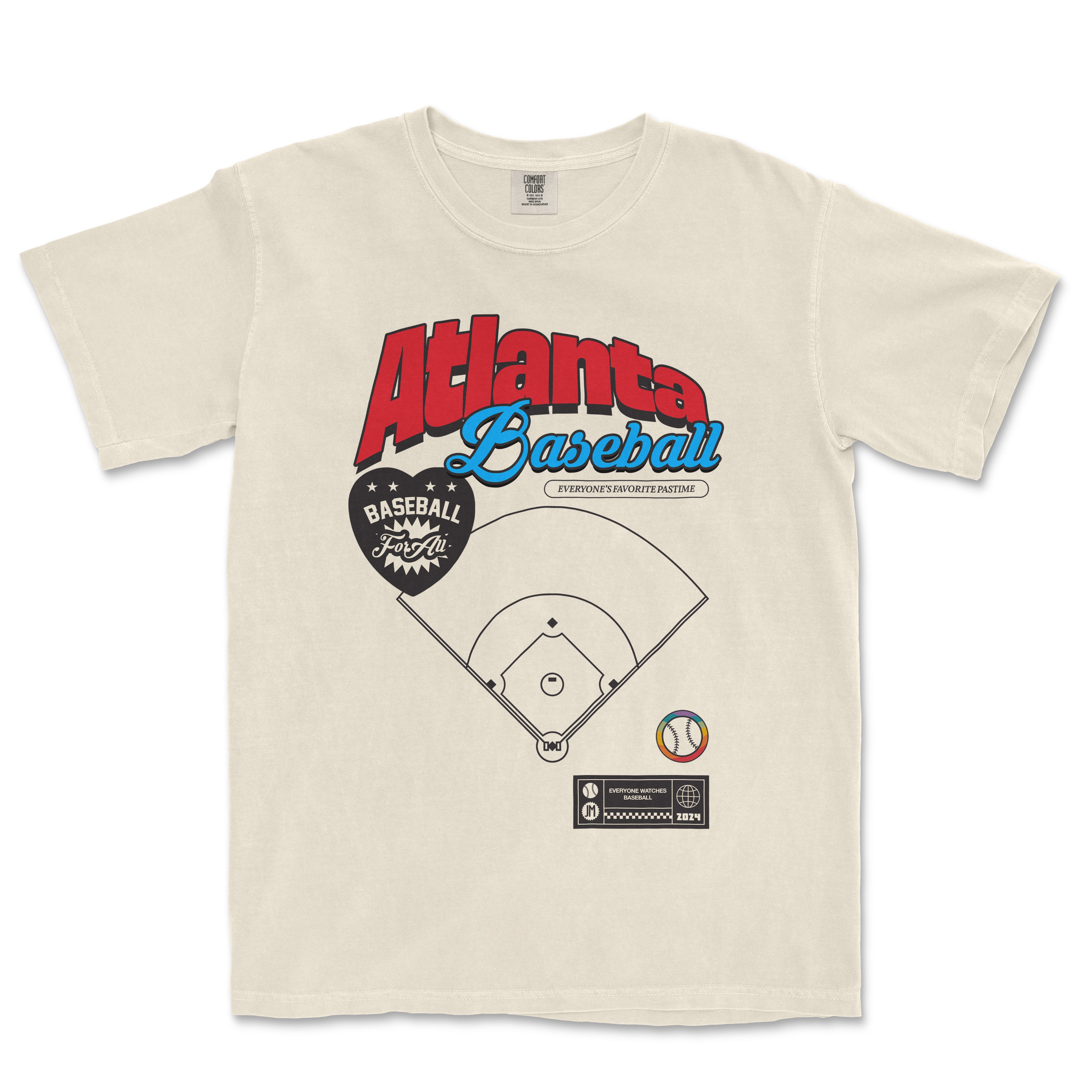 Beige Comfort Colors vintage tee featuring "Atlanta Baseball Pride" with a baseball field graphic, text, and colorful design elements.